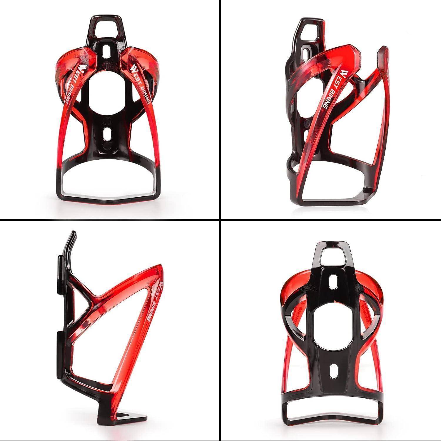 Vier Ansichten eines roten und schwarzen Fahrrad-Wasserflaschenhalters werden gezeigt: Vorder-, Seiten-, schräge und Unteransicht.