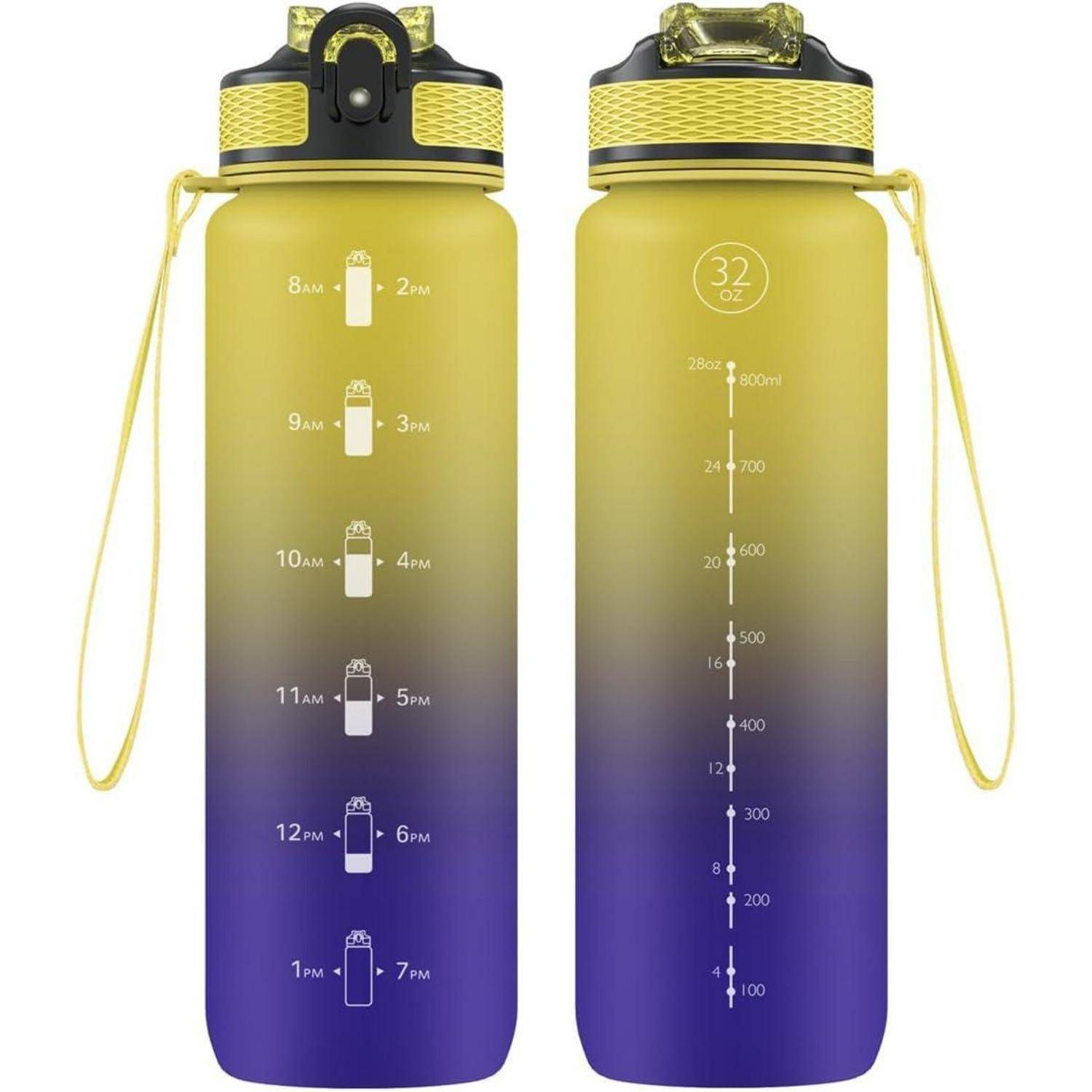 Zwei Wasserflaschen mit Farbverlauf von Gelb zu Blau, Vorder- und Rückansicht. Die Vorderseite zeigt Zeitangaben für Hydratation; die Rückseite zeigt Kapazitätsmarkierungen von 0 bis 900 ml.