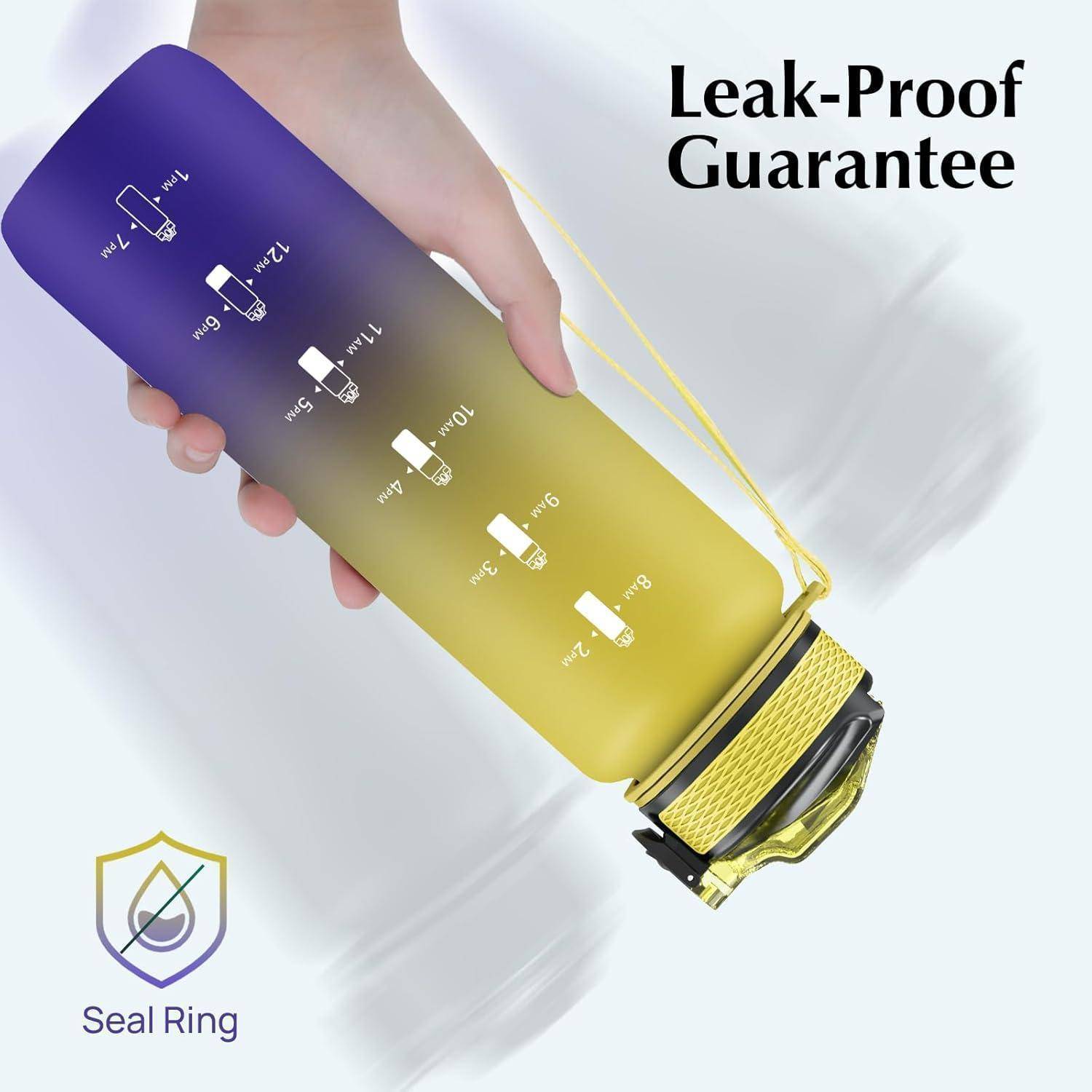 Eine Hand hält eine auslaufsichere Wasserflasche mit Volumenmarkierungen. Text liest sich: 'Auslaufsichere Garantie'. Ein 'Dichtungsring'-Symbol ist zu sehen.