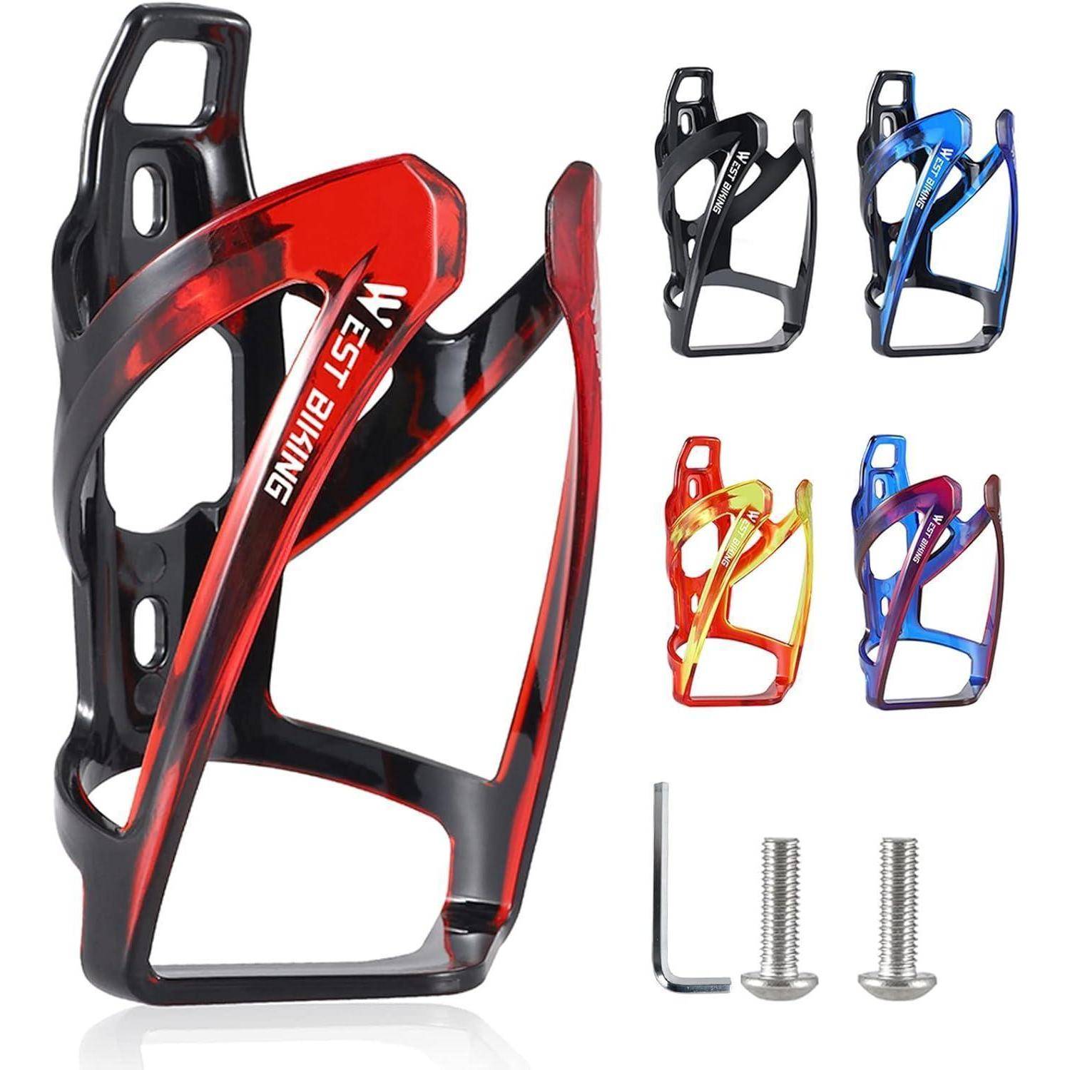 Fahrradflaschenhalterset in Rot und Schwarz, mit drei kleineren Bildern, die blaue, gelbe und schwarze Modelle zeigen. Inklusive Befestigungsschrauben und einem Sechskantschlüssel.
