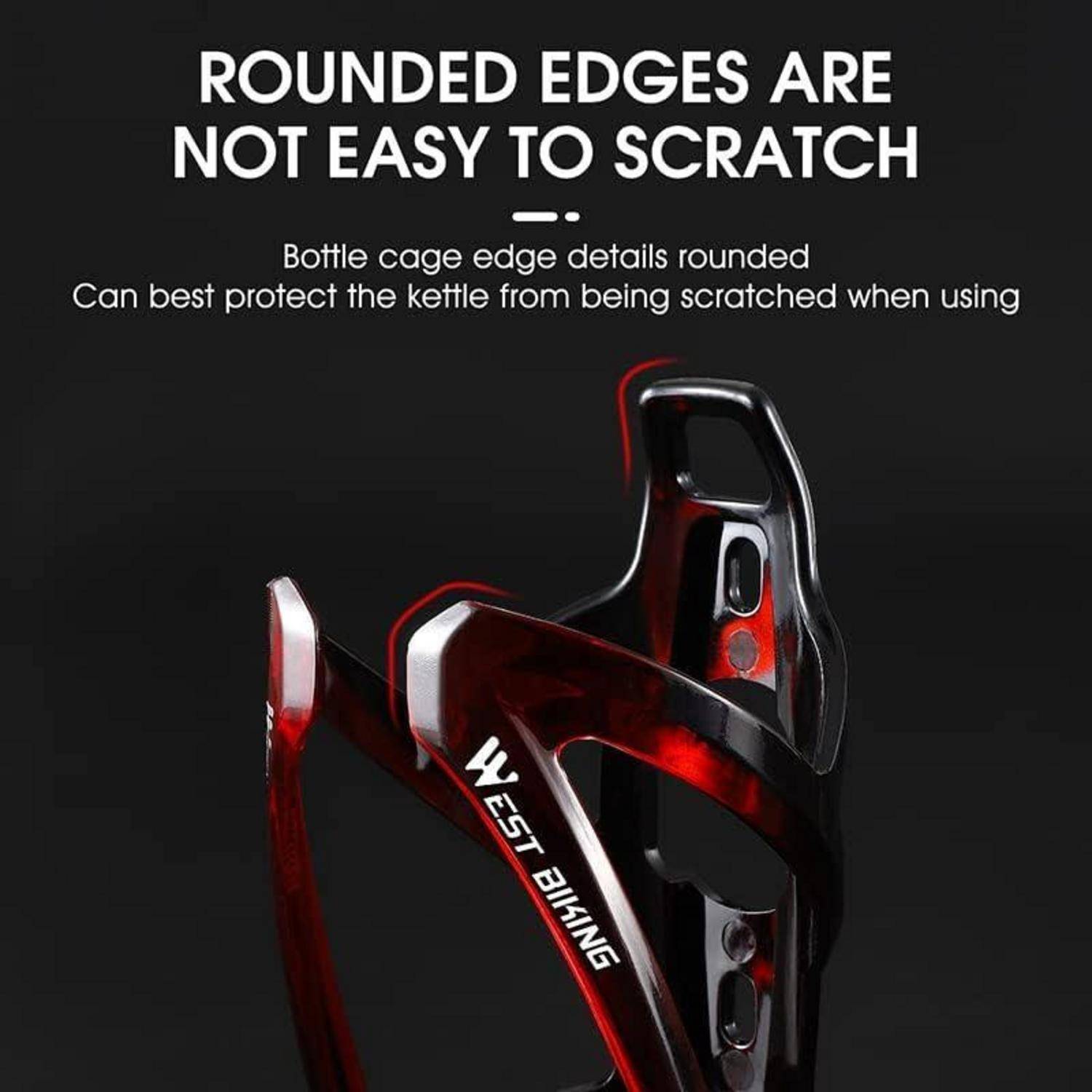 Ein Flaschenhalter mit roten Akzenten, entwickelt für Radfahren, mit abgerundeten Kanten für Kratzerbeständigkeit und Text, der diesen Vorteil hervorhebt.