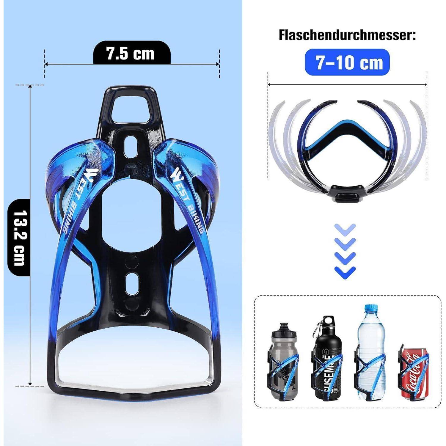 Fahrradflaschenhalterdimensionen: Höhe 13,2 cm, Breite 7,5 cm. Geeignet für Flaschendruchmesser von 7-10 cm. Bild zeigt Halter mit vier Flaschenbeispielen.