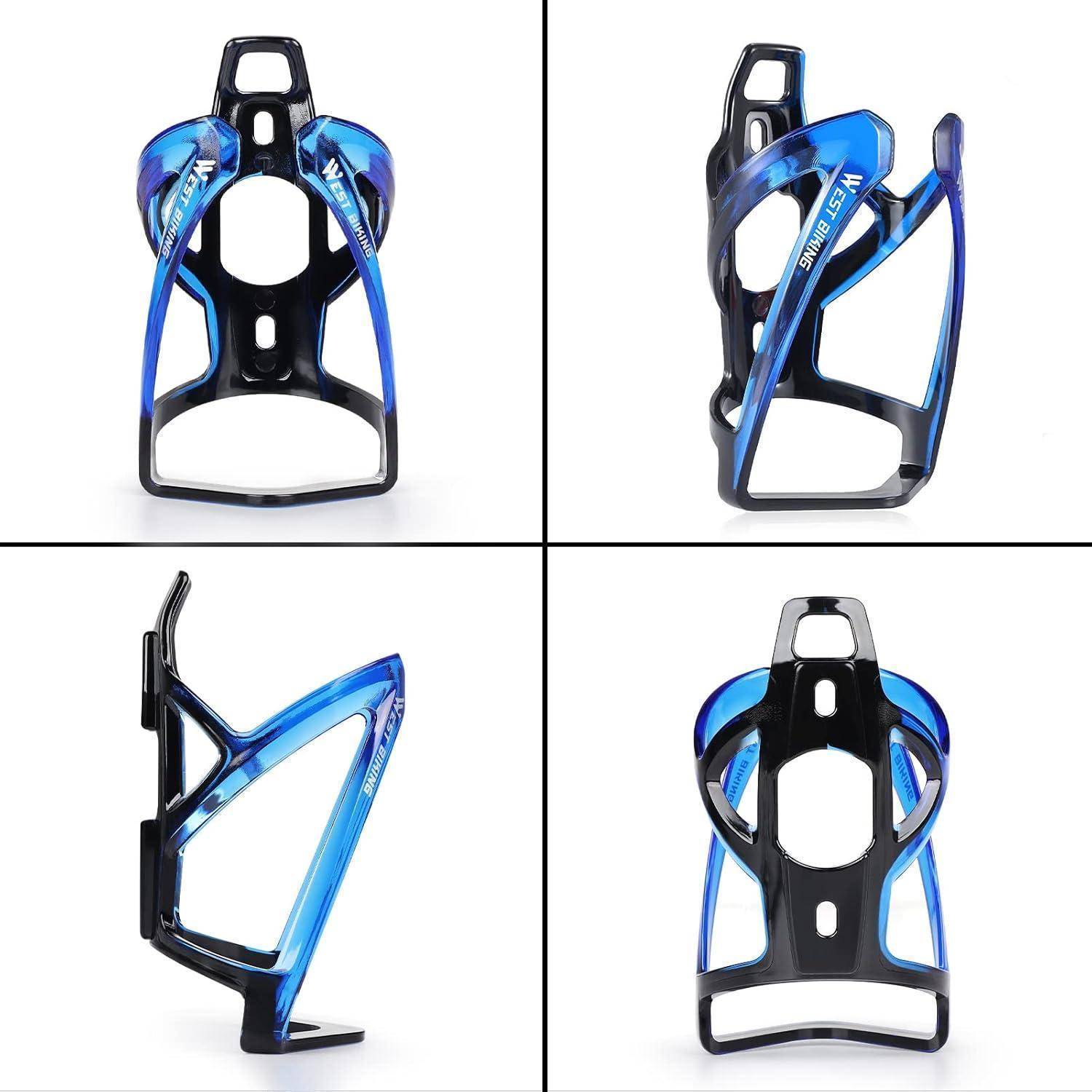 Vier Ansichten eines blauen Fahrrad-Wasserflaschenhalters werden gezeigt: von vorne, aus einem Seitenwinkel, von der Seite und von hinten, wobei das Design und die Struktur hervorgehoben werden.