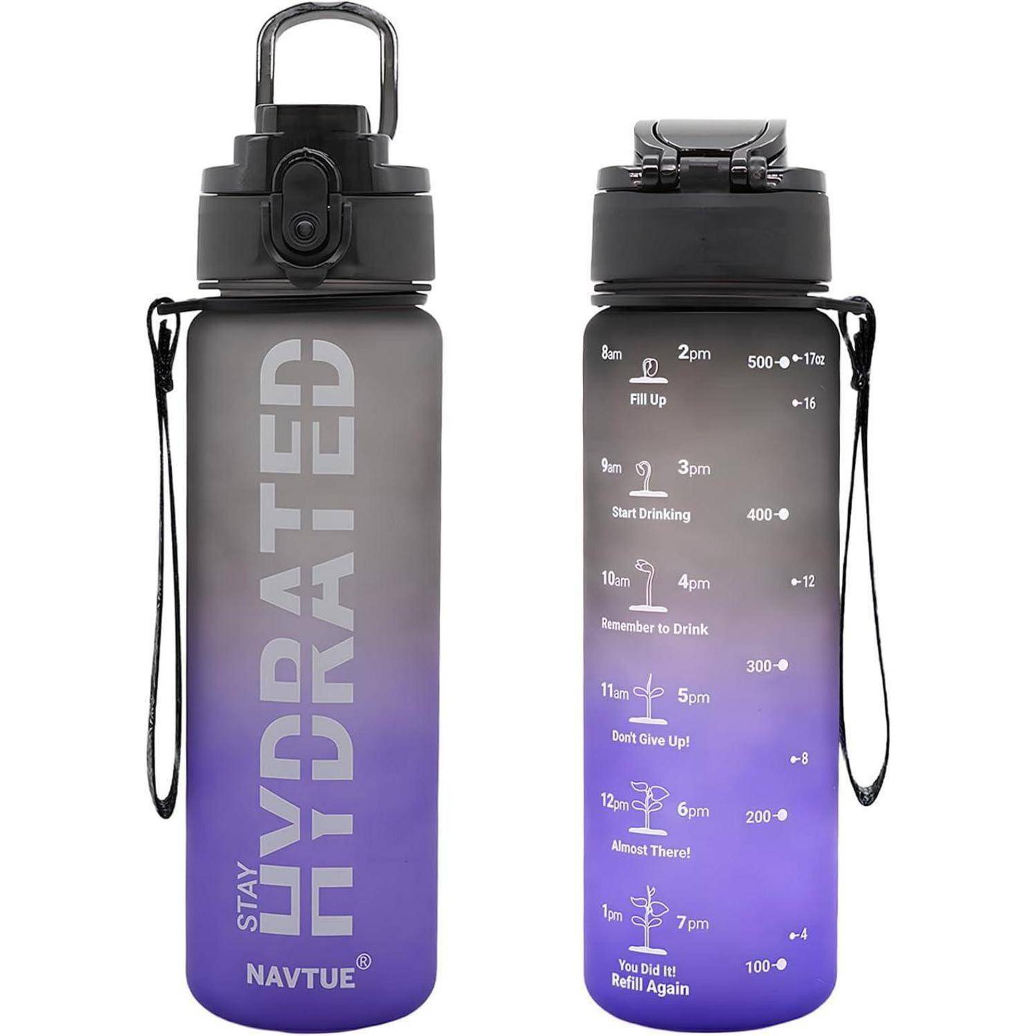 Zwei Wasserflasche mit Farbverlauf und Zeitmarkierungen von 8 Uhr bis 17 Uhr sowie motivierenden Wörtern wie ‚Bleib hydriert', die zu regelmäßiger Wasseraufnahme anregen.