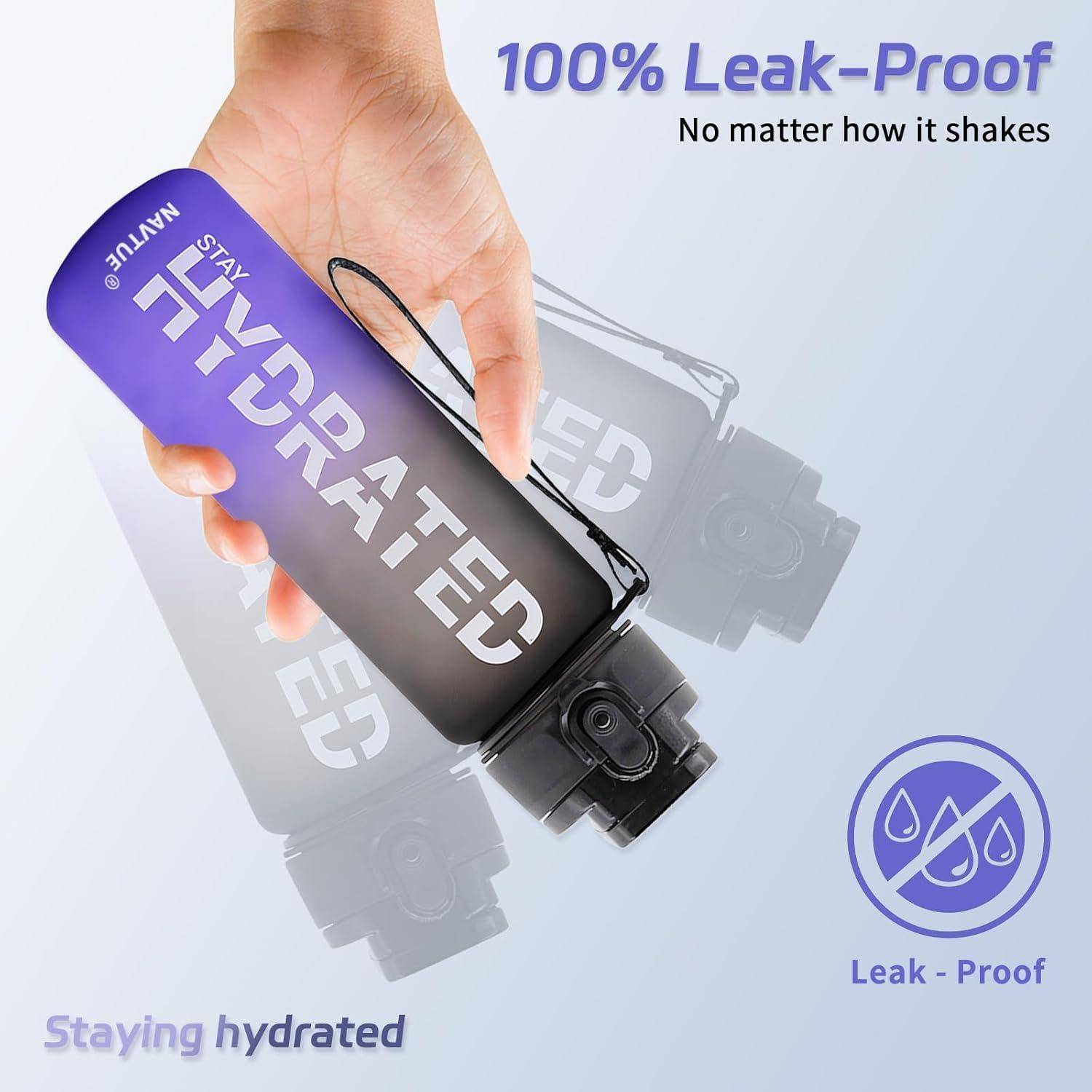 Eine Hand hält eine blau-verlaufende Wasserflasche mit dem Text „Stay Hydrated