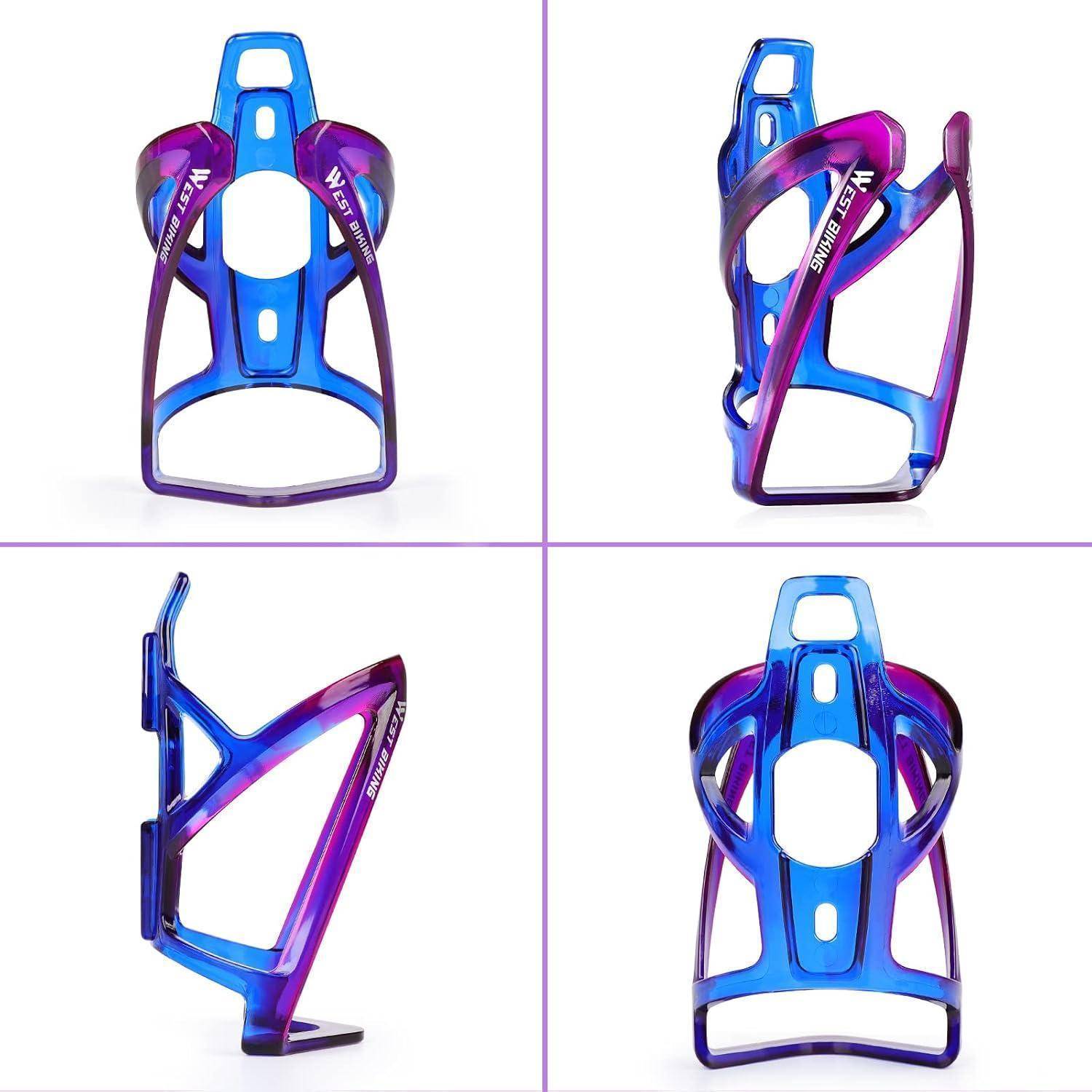 Ein blau-lila metallener Fahrrad-Wasserflaschenhalter mit dem Aufdruck 'WEARABLE', dargestellt in Vorder-, Seiten- und Schrägansicht.