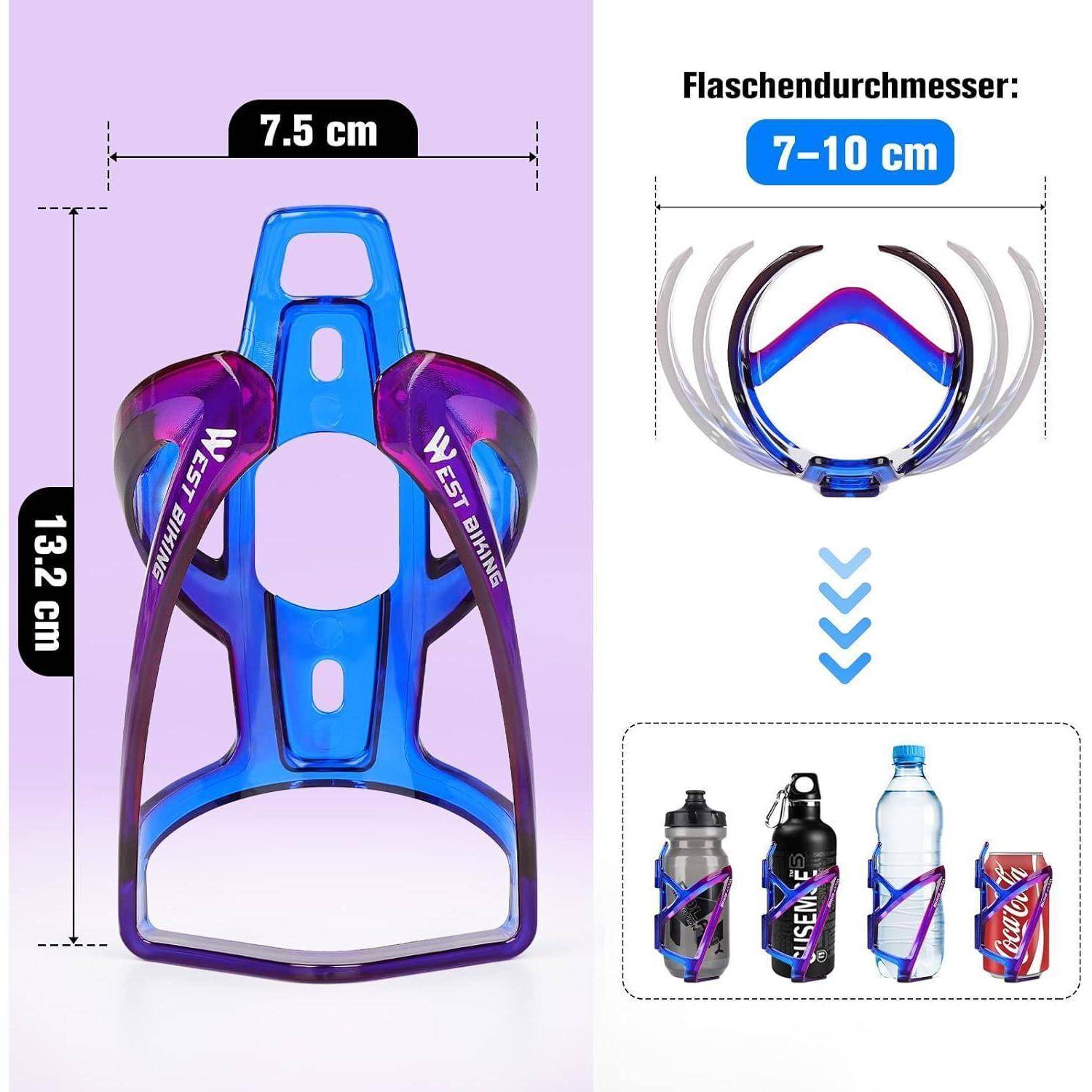 Fahrradflaschenhalterdimensionen: 13,2 cm Höhe, 7,5 cm Breite, passt für Flaschengrößen von 7-10 cm. Blau-lila Farbe, Marke 'WEST BIKING'.