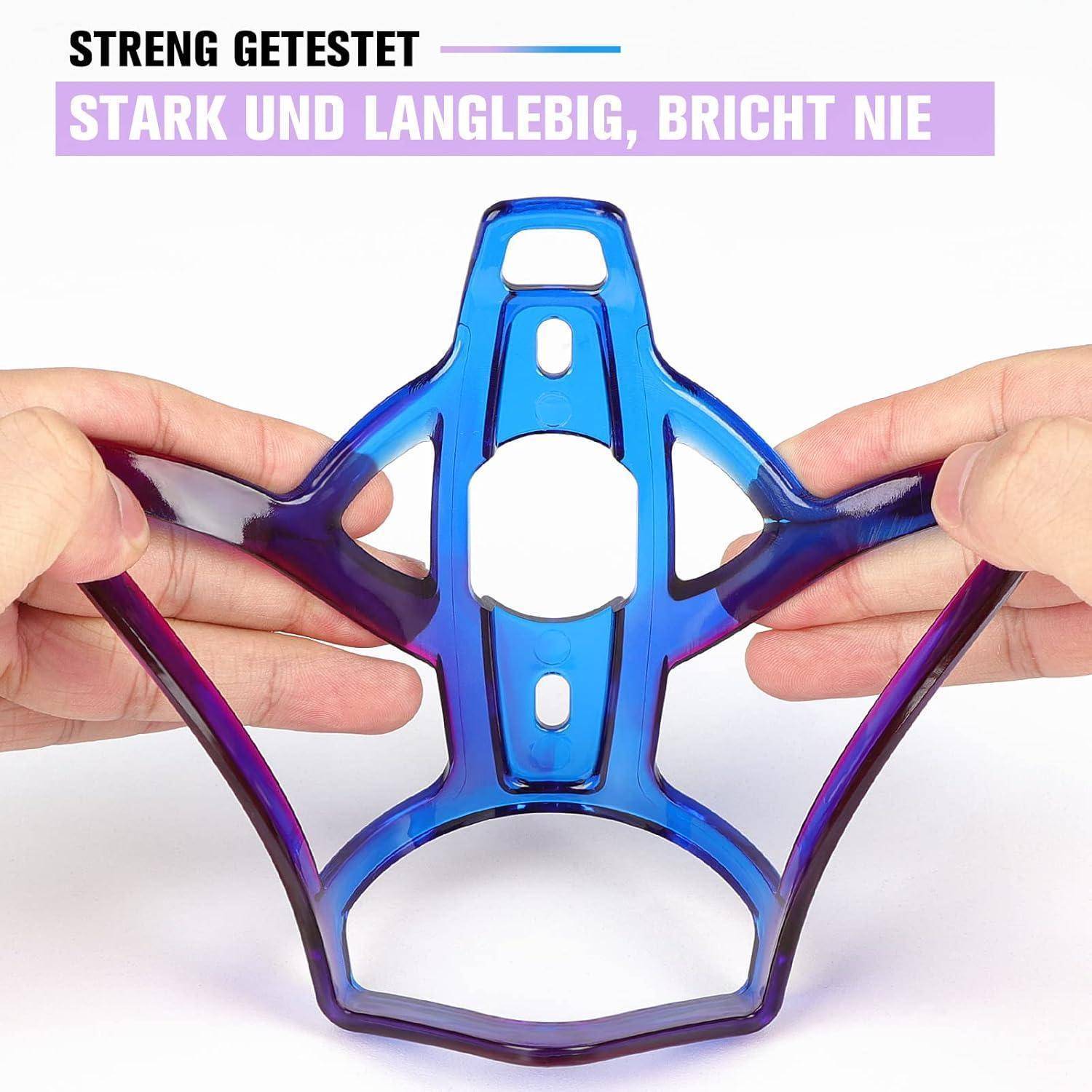 Eine Person hält einen flexiblen, bunten Rahmen und demonstriert dessen Haltbarkeit. Der Text lautet 'STRARK UND LANGLEBIG, BRICHT NIE', was bedeutet 'Stark und langlebig, bricht nie'.