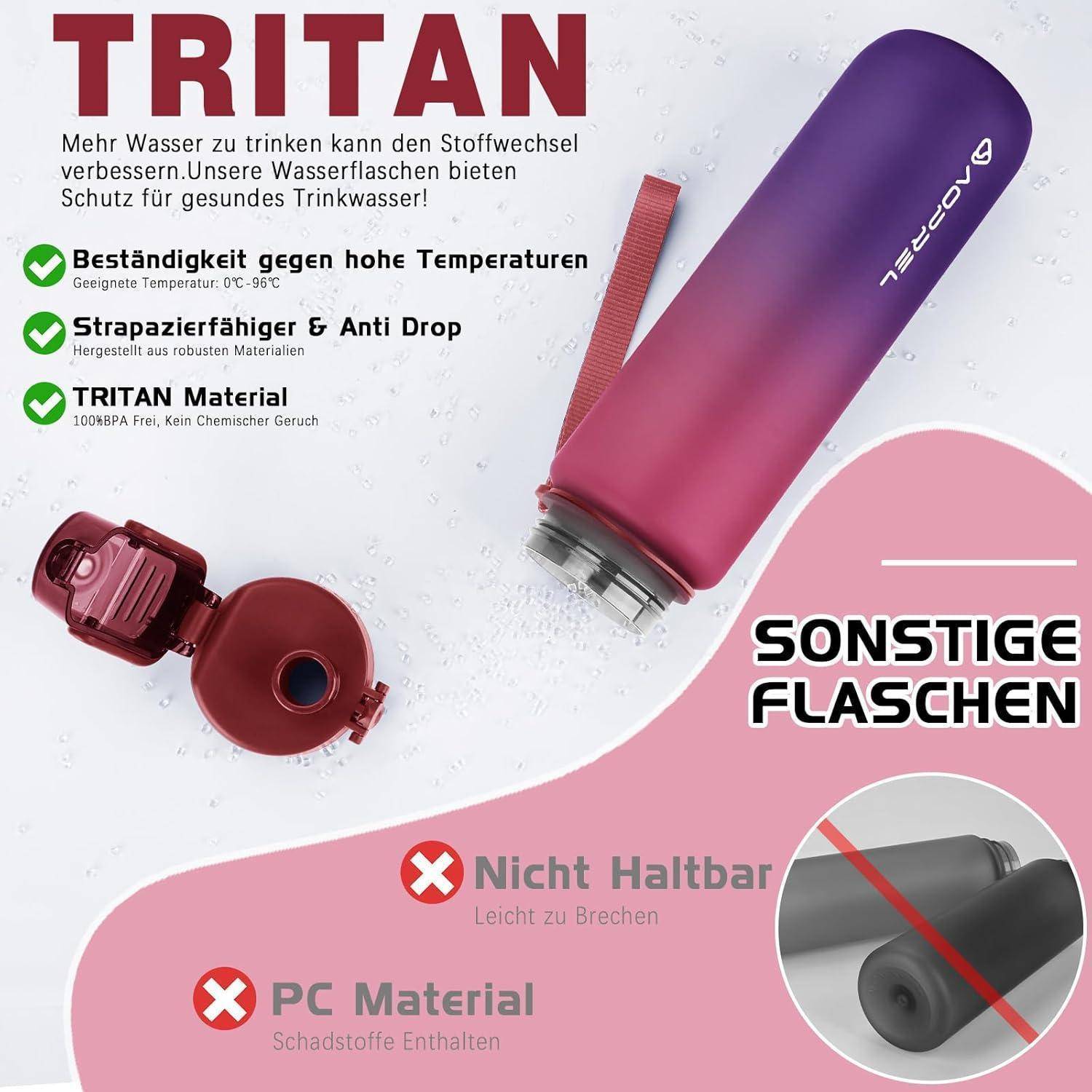 Trinkflasche Tritan BPA frei 1000 ml Tiefes Rot Blau Farbverlauf