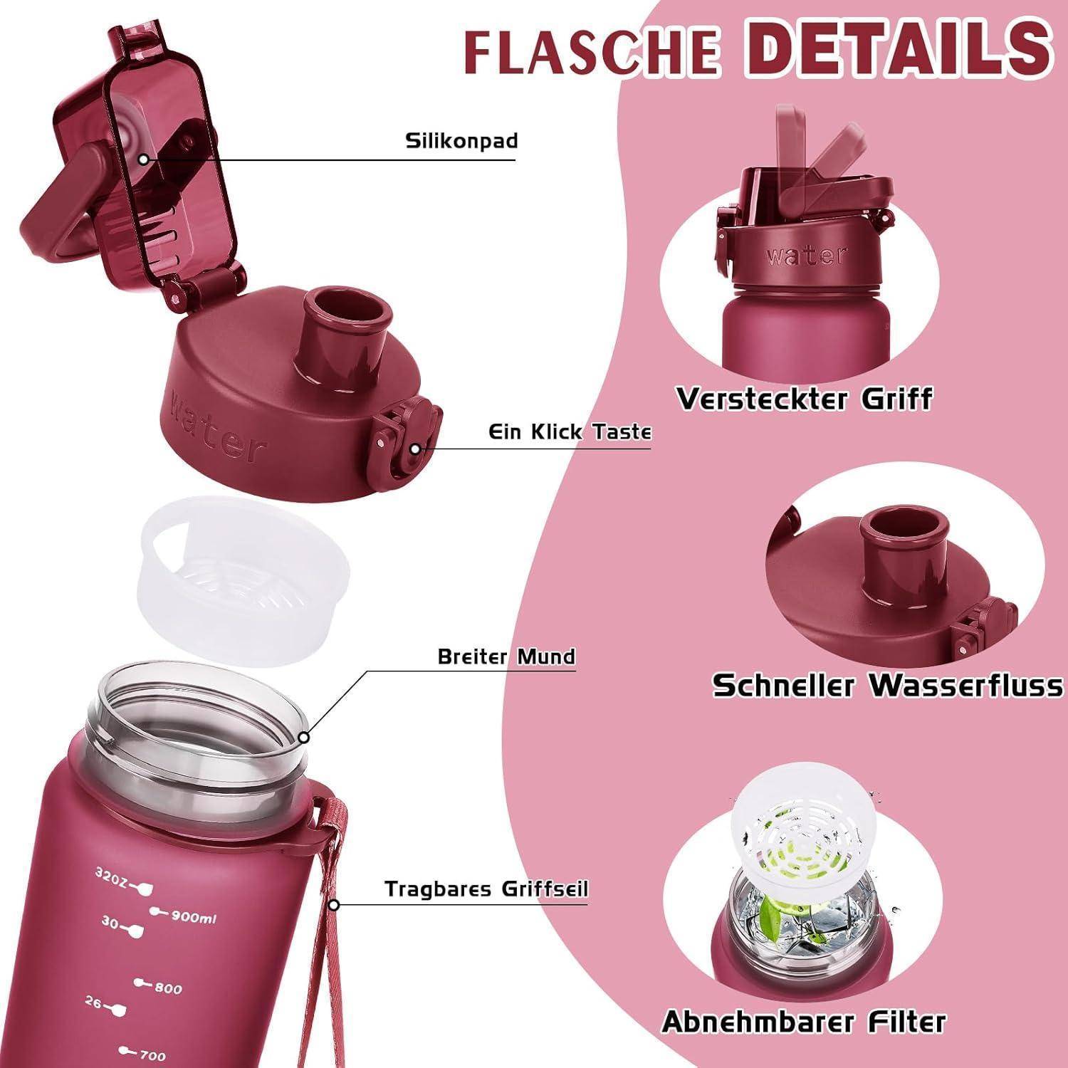 Trinkflasche Tritan BPA frei 1000 ml Tiefes Rot Blau Farbverlauf