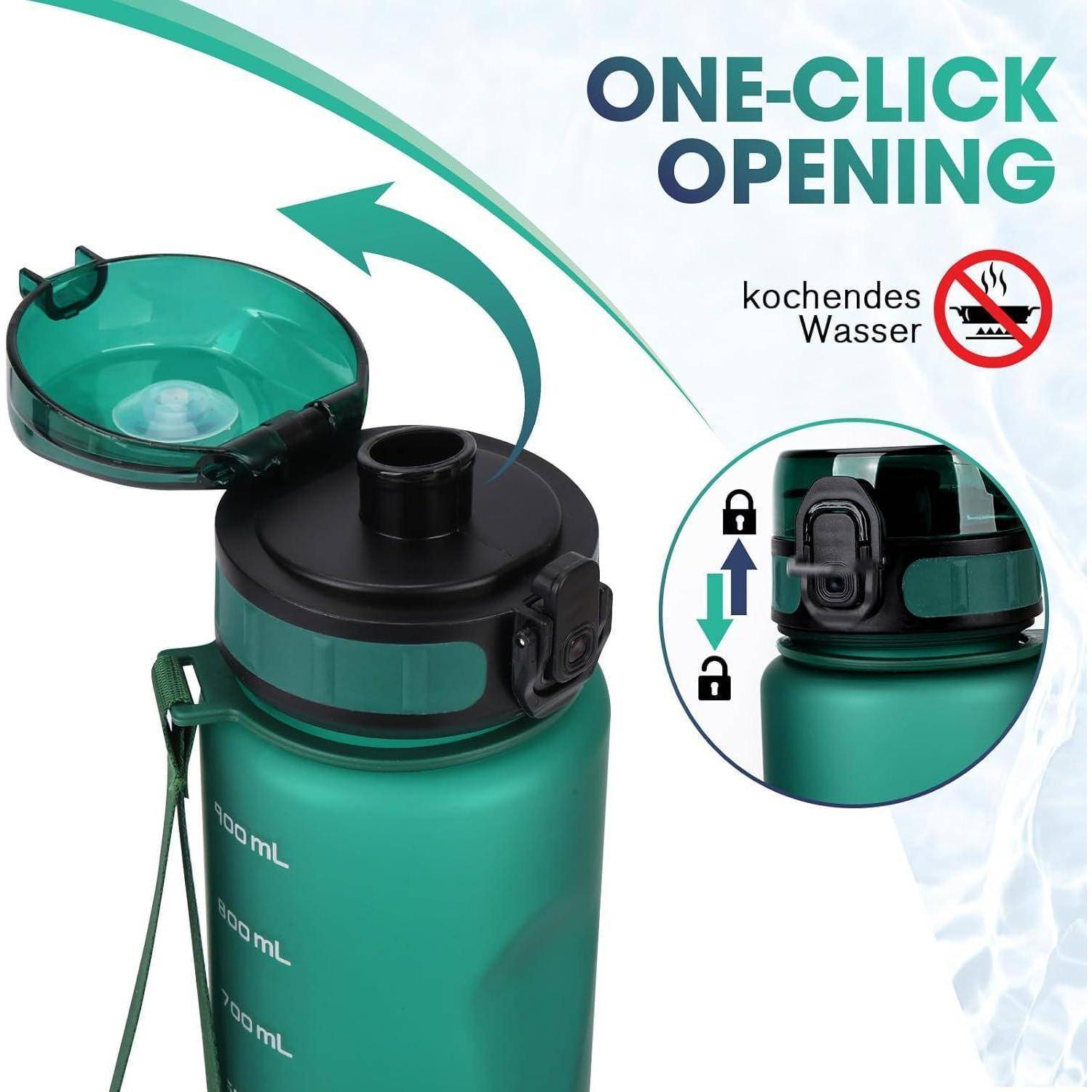 Grüne Wasserflasche mit 'Einklick-Öffnungs'-Funktion, die Verschluss- und Entriegelungspositionen zeigt. Hinweis besagt 'Kein heißes Wasser'.