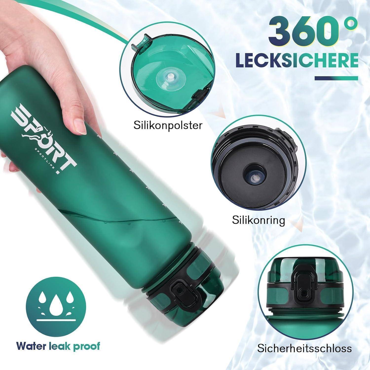 Grüne Wasserflasche mit 'Sport'-Etikett, ausgestattet mit Silikonpolstern, Silikonring und Sicherheitsverriegelung. Text lautet '360° lecksichere' und 'Water leak proof'.