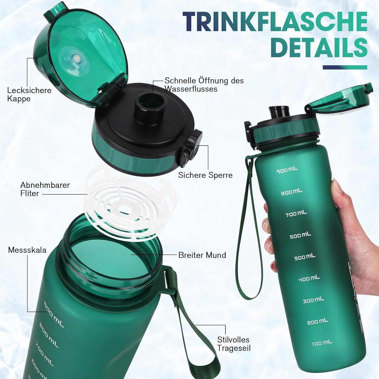 Trinkflasche Details' zeigt eine grüne Wasserflasche mit beschrifteten Merkmalen: 'Auslaufsichere Kappe', 'Schnelle Öffnung des Wasserflusses', 'Abnehmbarer Filter', 'Sichere Sperre', 'Messskala', 'Breiter Mund', 'Stilvolles Trageseil', mit Messungen in Millilitern.