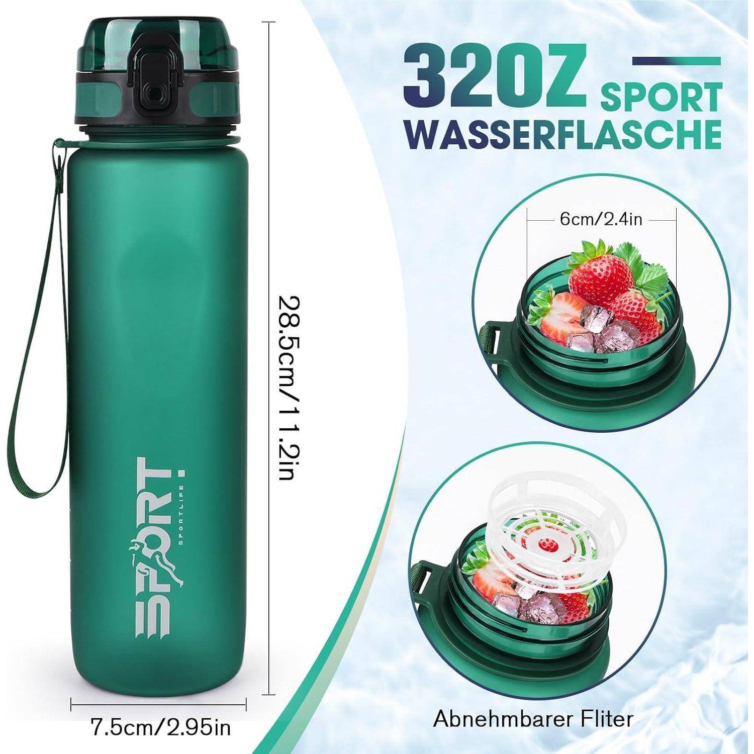 Grüne 320z Sporttrinkflasche, 28,5 cm hoch, 7,5 cm breit, mit abnehmbarem Fruchtsieb. Präsentiert mit Erdbeeren und Minzblättern im Inneren.
