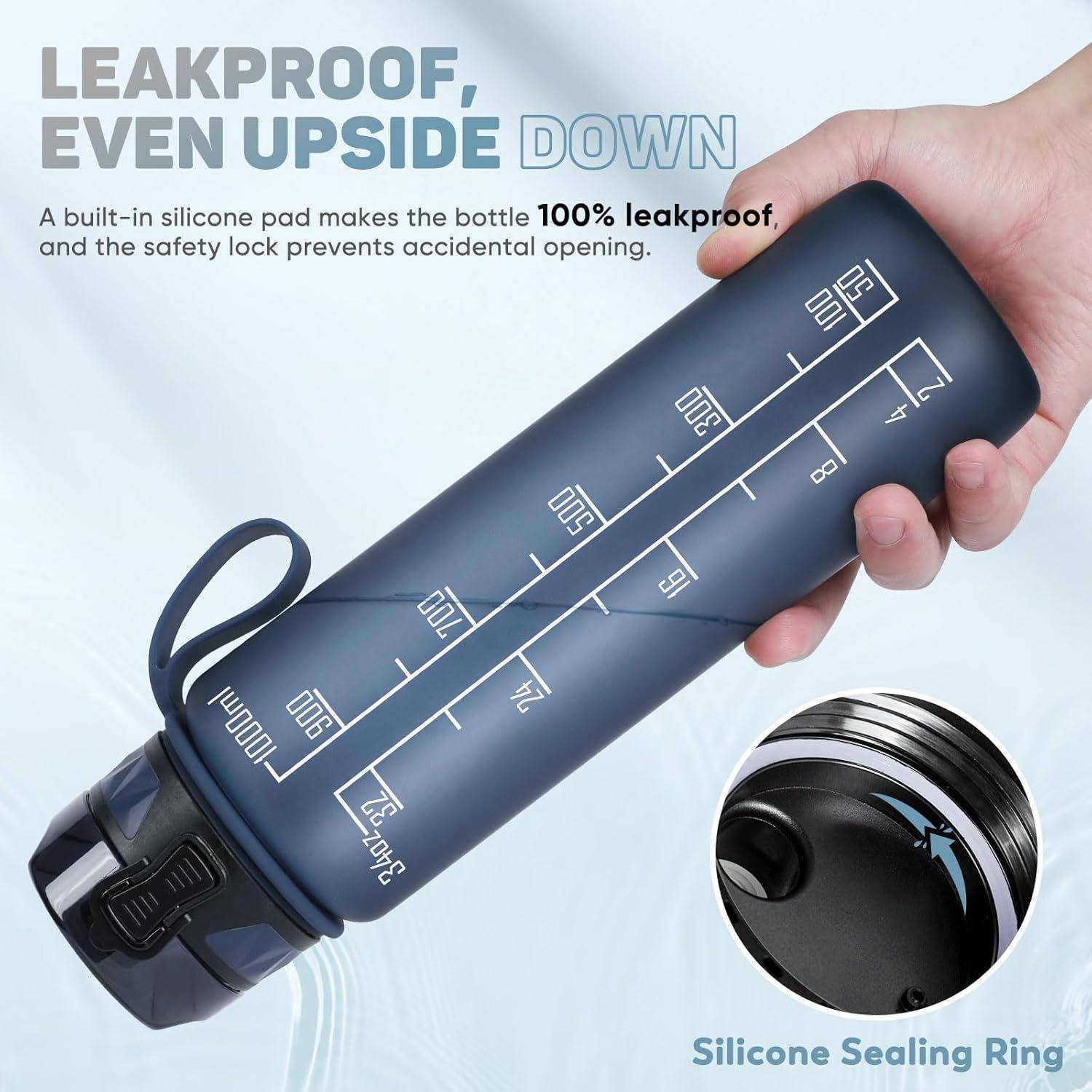 Wasserflasche seitlich gehalten mit Text: „Auslaufsicher, selbst auf den Kopf gestellt