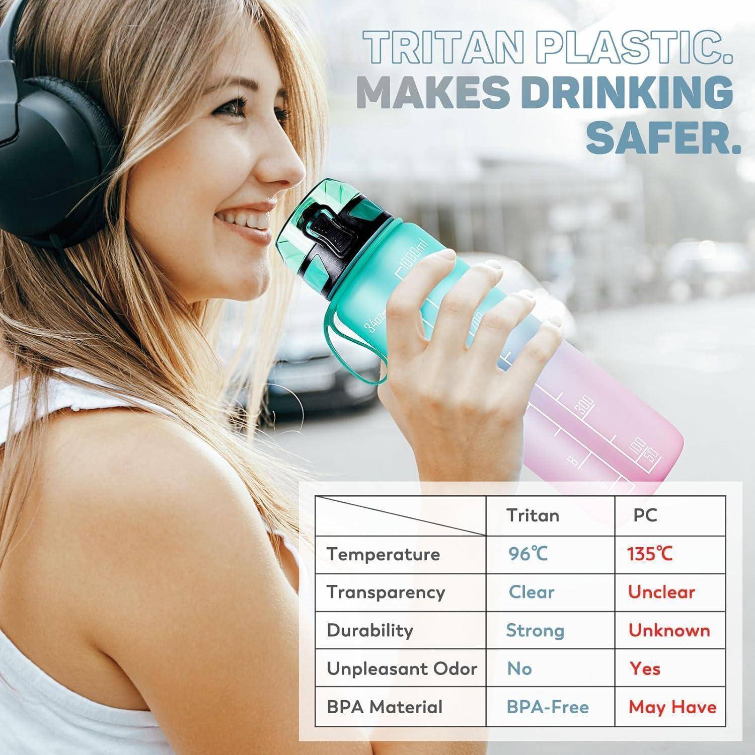 Eine Person mit Kopfhörern hält eine pinke Wasserflasche. Der Text lautet: „Tritan-Kunststoff macht Trinken sicherer.