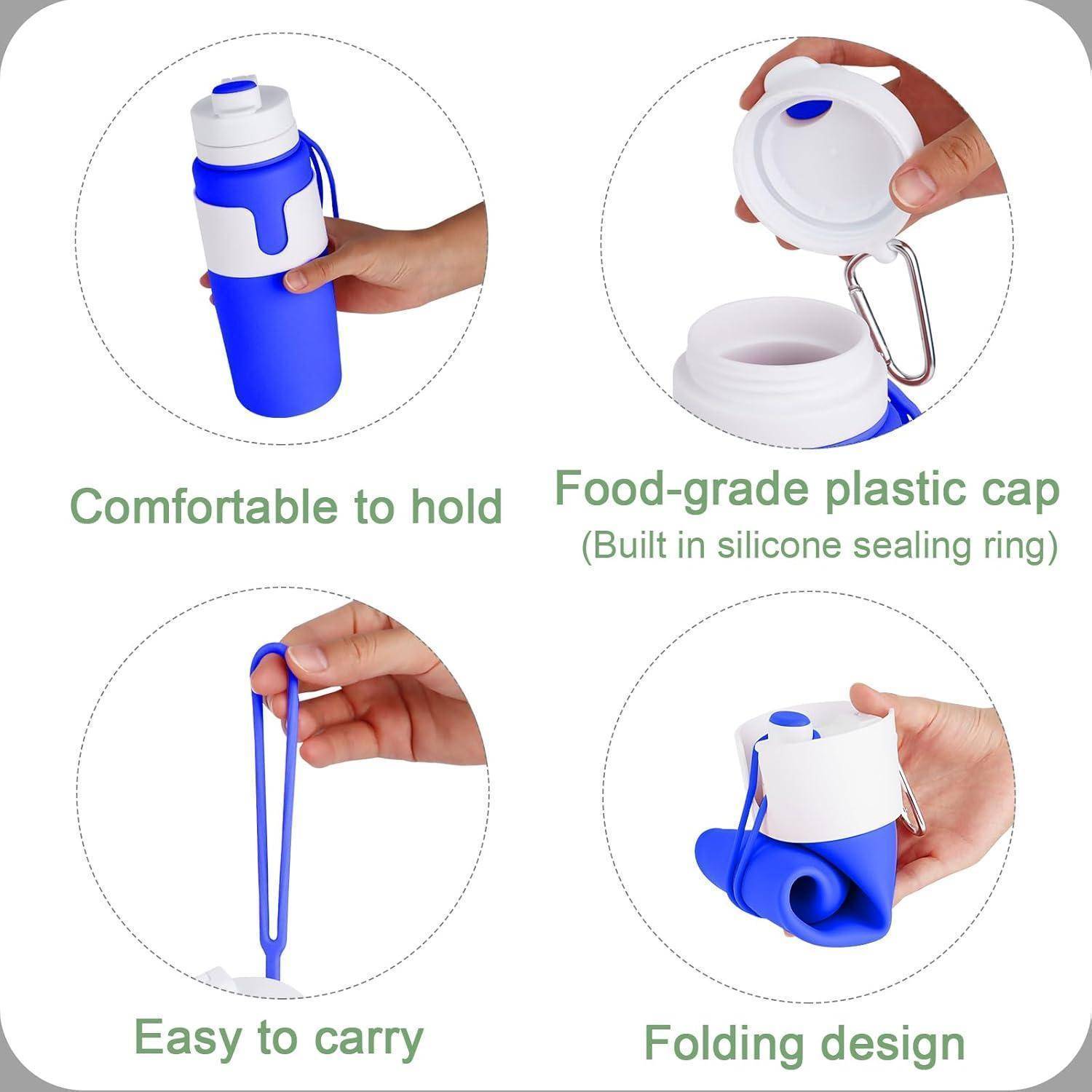 Zusammenklappbare blaue Wasserflasche mit Deckel aus lebensmittelechtem Material, Dichtungsring aus Silikon und Tragegurt. Verfügt über ein faltbares Design für einfachen Transport.