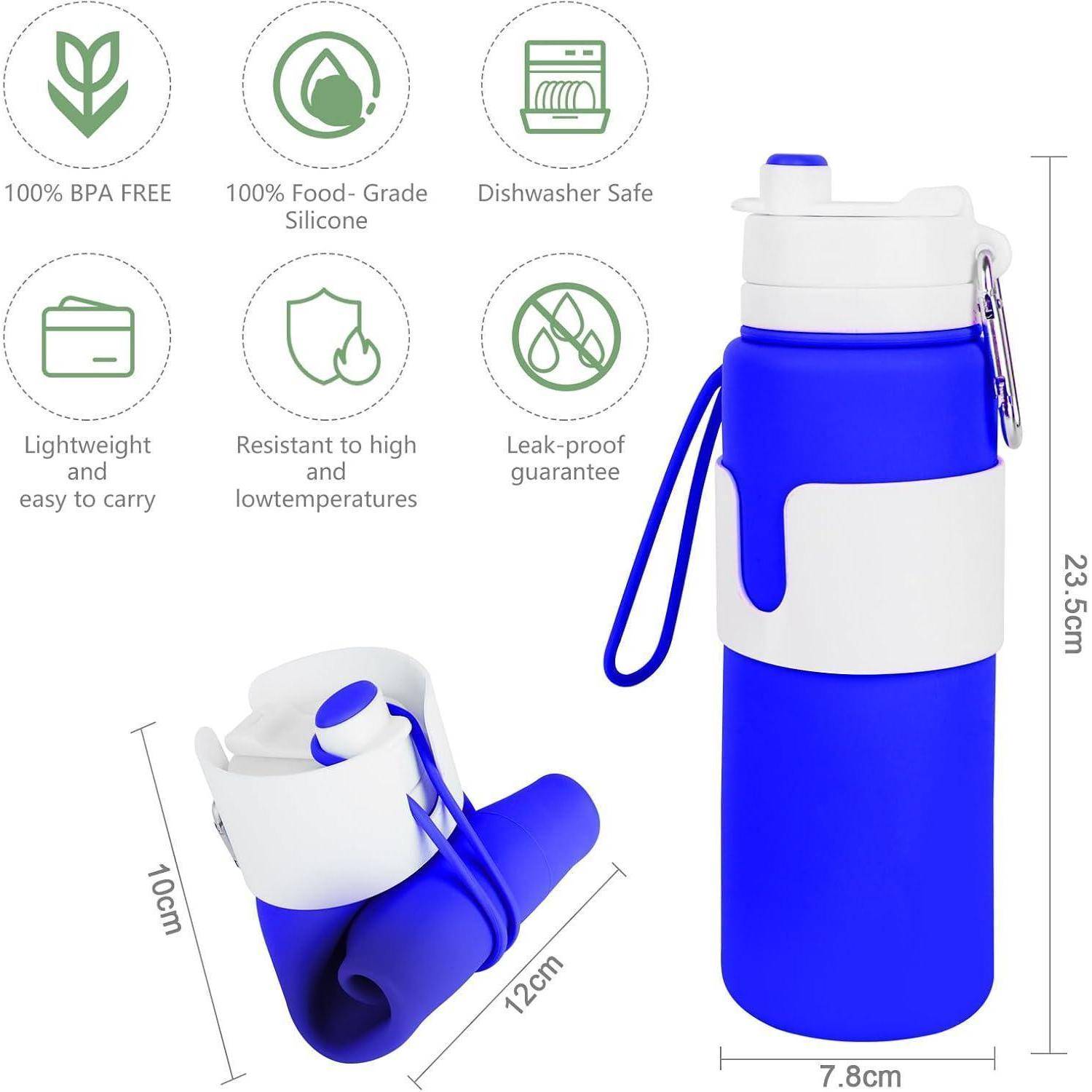 Blaue Silikonwasserflasche mit weißem Trageriemen, zusammenklappbare Konstruktion; gekennzeichnet als BPA-frei, lebensmittelecht, spülmaschinenfest. Abmessungen: 23,5 cm x 7,8 cm.