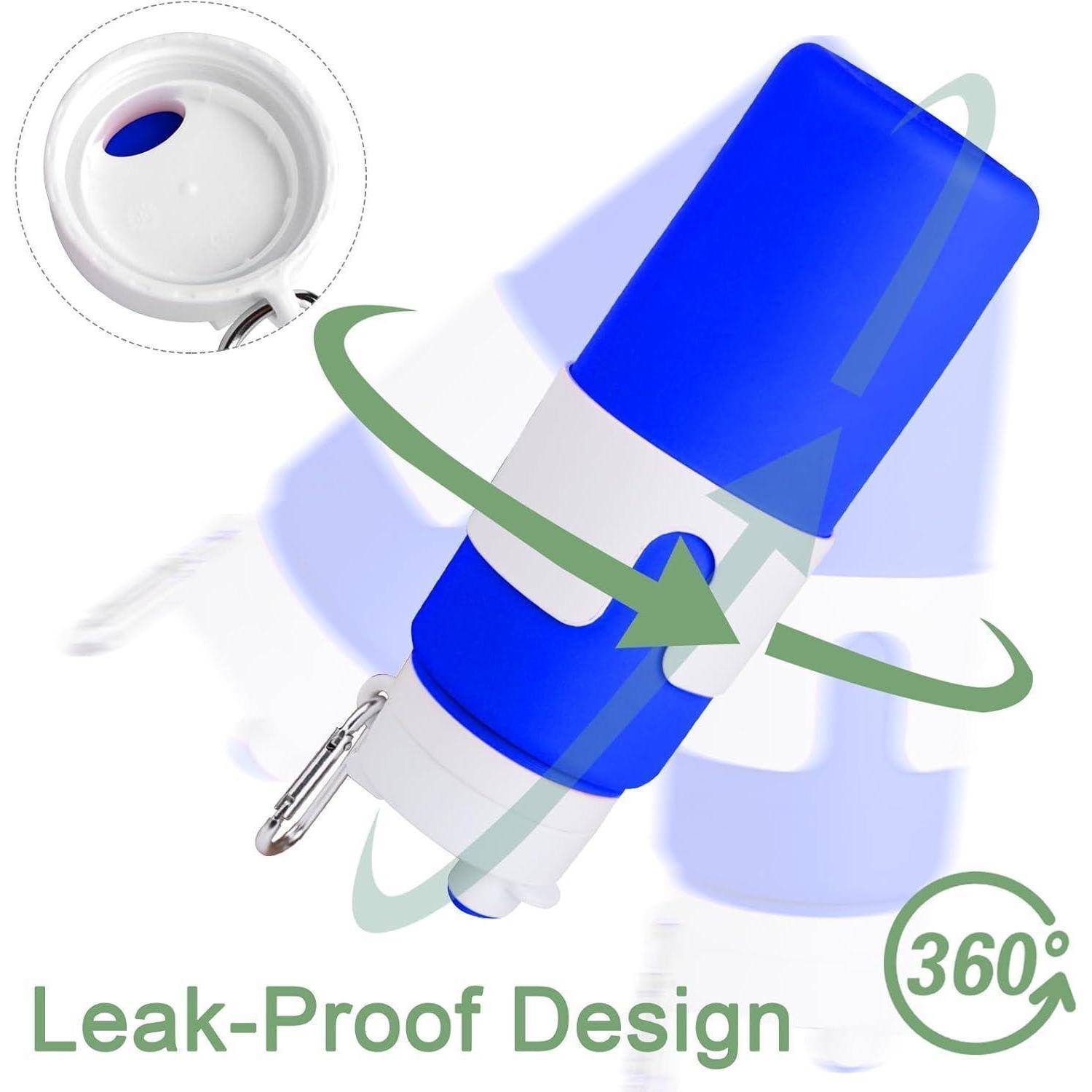 Blauer tragbarer Wasserbecher mit Karabinerhaken, der ein 360-Grad-lecksicheres Design mit Fokus auf den geöffneten Deckel zeigt.