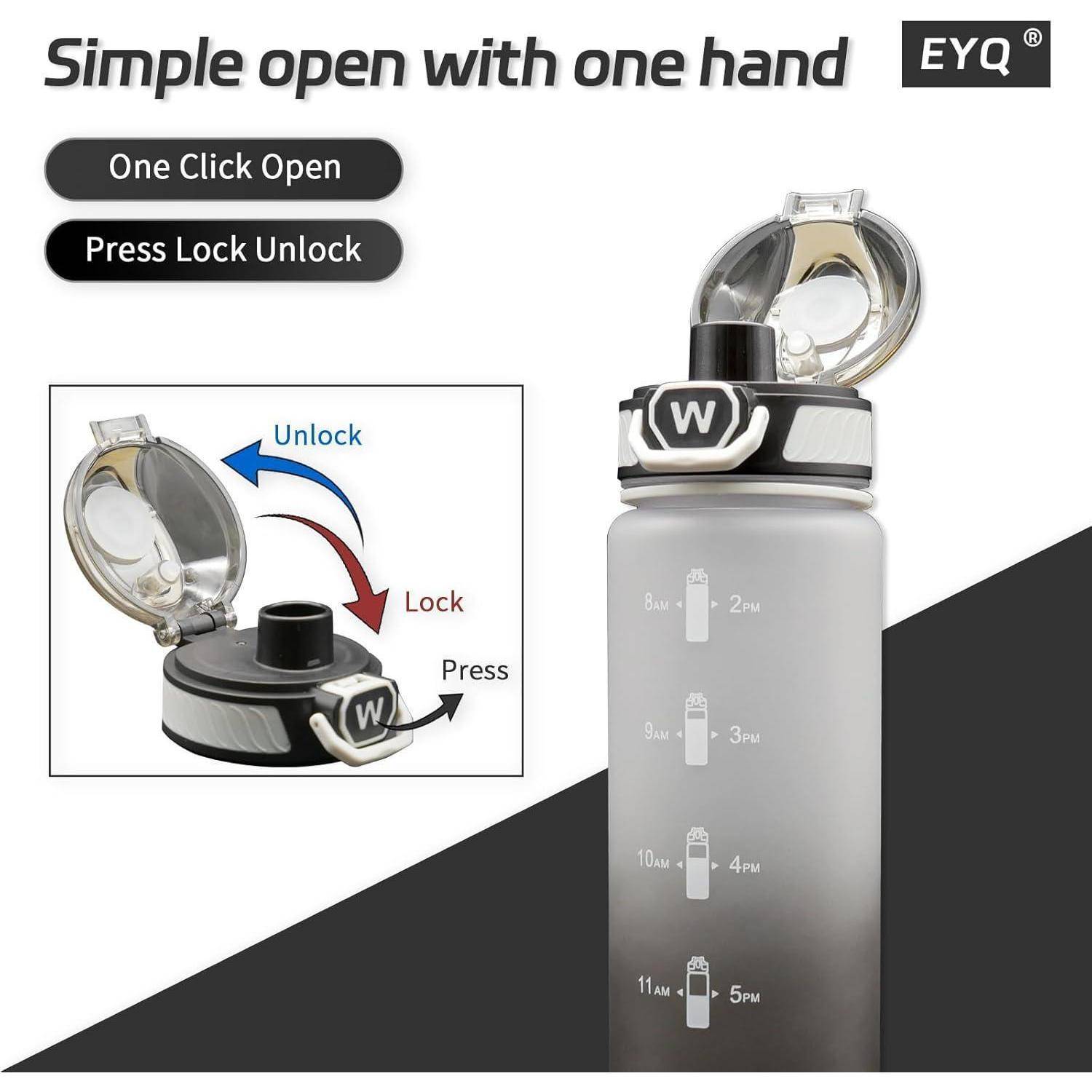 Beschriftete Wasserflasche mit offenem Deckel, die die Funktionen 'Mit einem Klick öffnen' und 'Drücken zum Verriegeln und Entriegeln' hervorhebt. Text lautet 'Mit nur einer Hand einfach öffnen'.