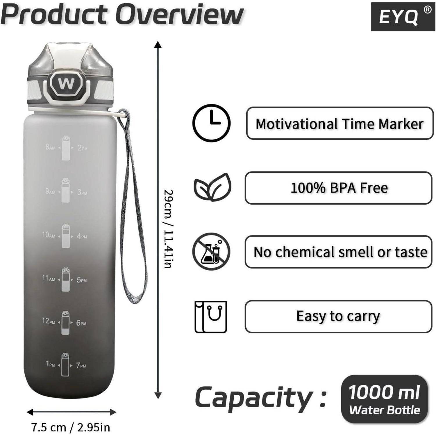 Eine Wasserflasche mit Zeitmarkierungen, gekennzeichnet mit '100% BPA-frei', 'Kein chemischer Geruch oder Geschmack' und 'Leicht zu transportieren'. Fassungsvermögen: 1000 ml.