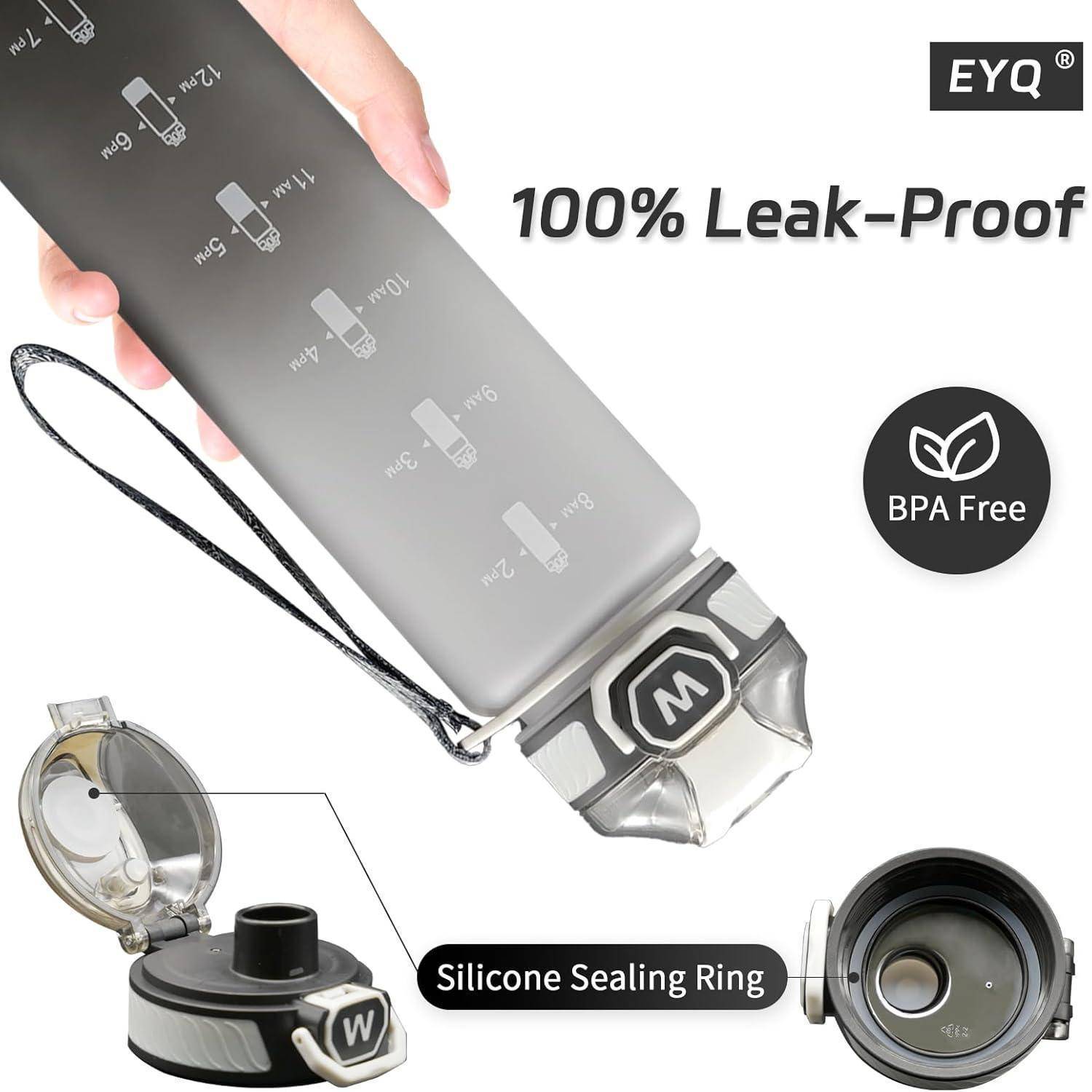 100% auslaufsichere' graue Wasserflasche mit Trageriemen, detailliertem Deckel und 'BPA-frei' Etikett abgebildet.