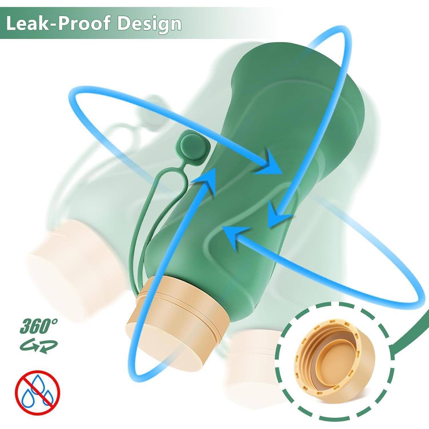 Ein grüner auslaufsicherer Behälter mit einem sicheren Deckel ist zu sehen, der einen 360-Grad-Griff und eine Verschüttungsverhinderungsfunktion mit Pfeilen betont, die die Funktionsweise veranschaulichen.