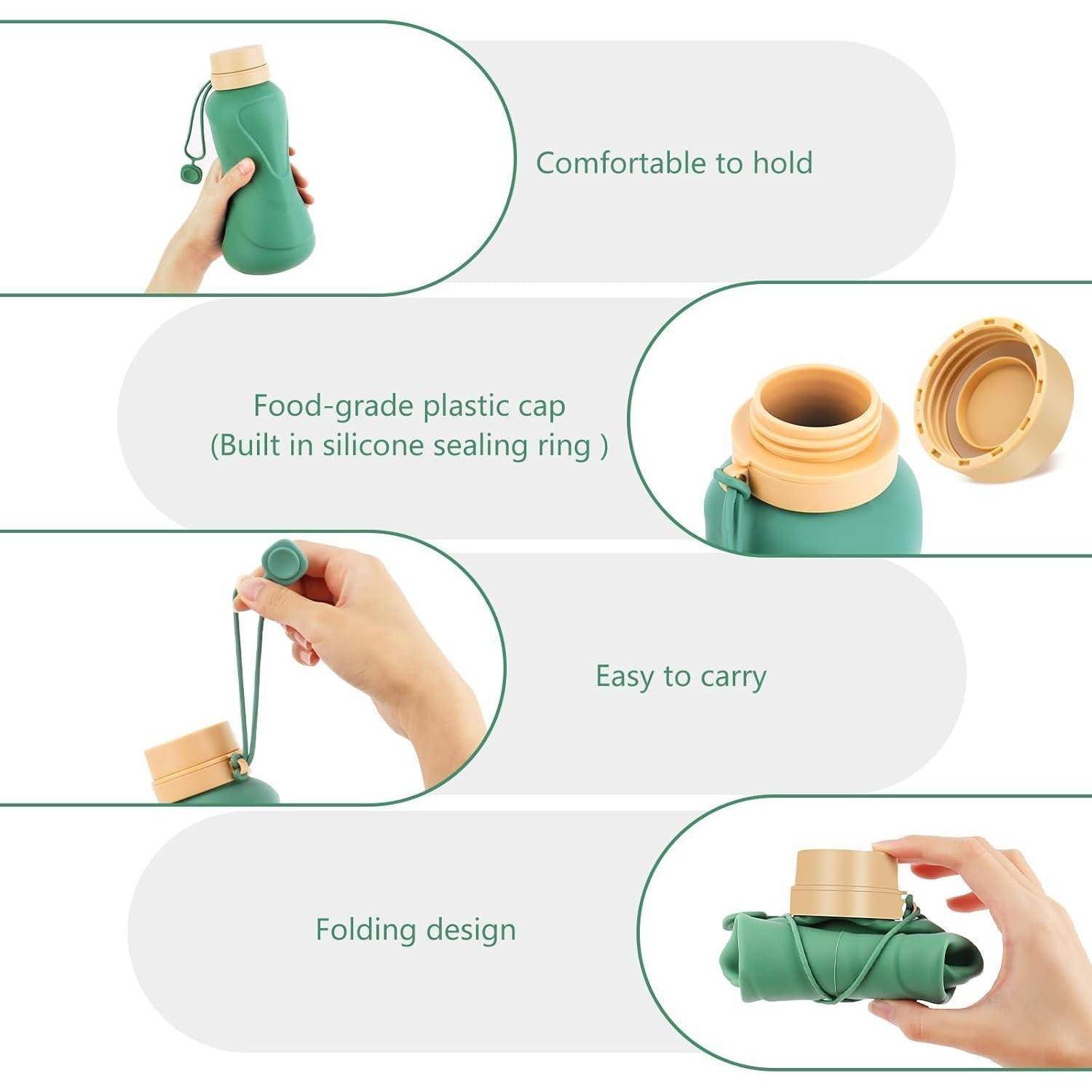 Grüne Wasserflasche mit bequemem Griff, Verschlusskappe aus lebensmittelechtem Kunststoff, einfach zu tragendem Tragschlaufe und zusammenklappbarer Konstruktion, dargestellt in vier Bildfeldern.
