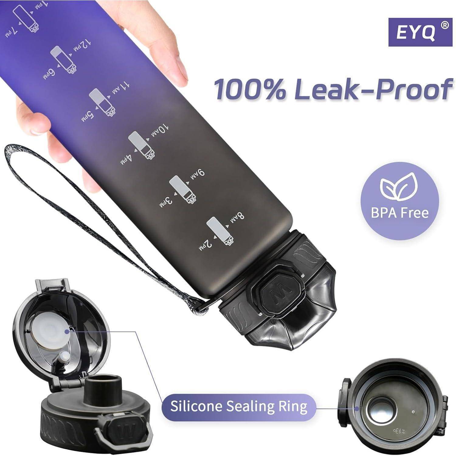 Wasserflasche mit Messmarkierungen zur Anzeige der Flüssigkeitsmenge. Merkmale umfassen einen Handgriff, auslaufsichere Konstruktion, BPA-freie Kennzeichnung und einen Dichtungsring aus Silikon.