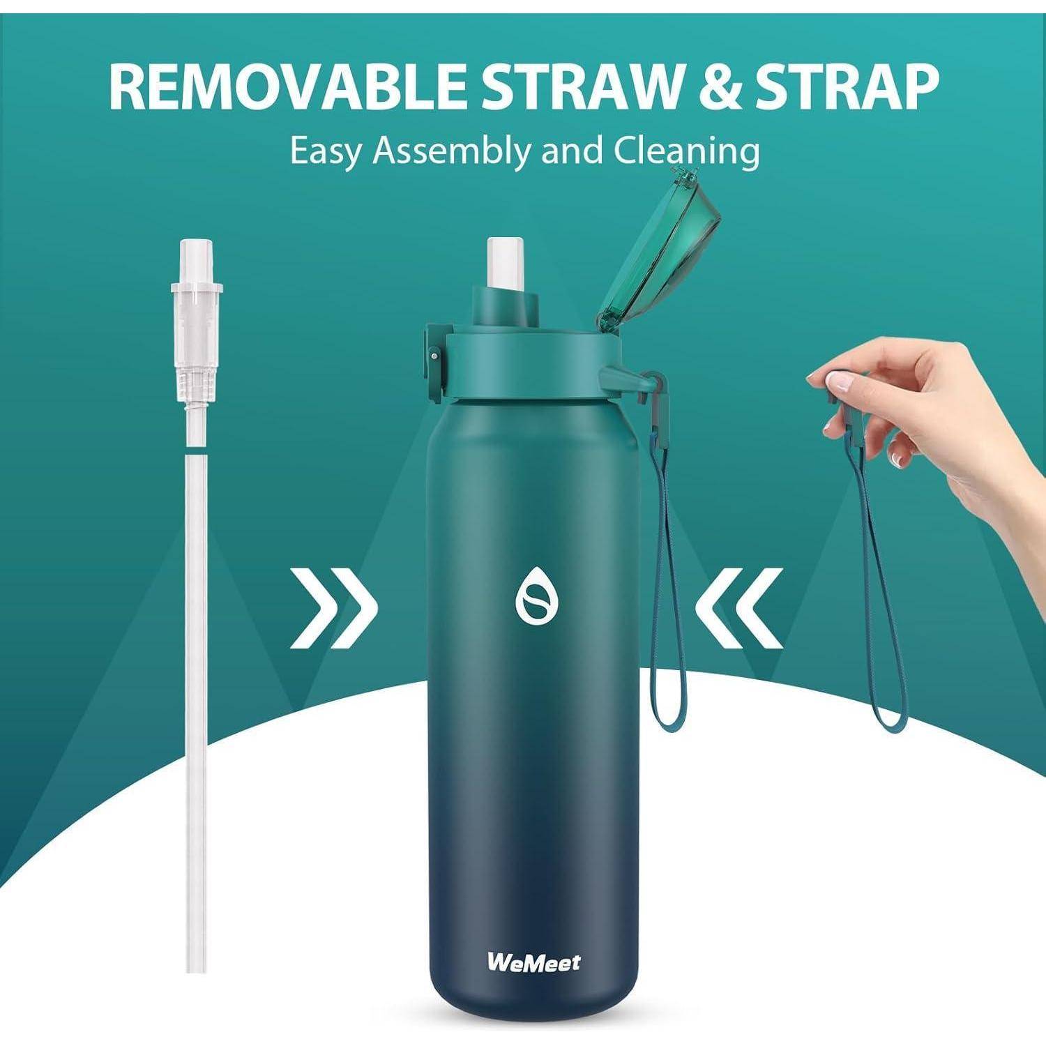 Türkisfarbene Wasserflasche mit Logo, herausnehmbarem Strohhalm und Trageriemen, abgebildet. Text lautet: „Herausnehmbarer Strohhalm & Riemen - Einfache Montage und Reinigung.