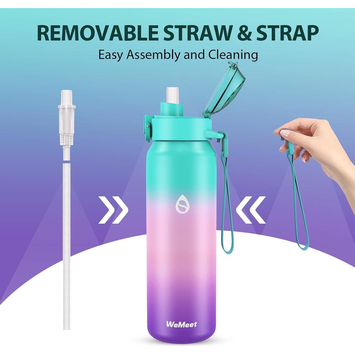 Gradient-Wasserflasche mit herausnehmbarem Strohhalm und Trageriemen. Text lautet: 'HERAUSNEHMBARER STROHHALM & TRAGERIEMEN, Einfache Montage und Reinigung.