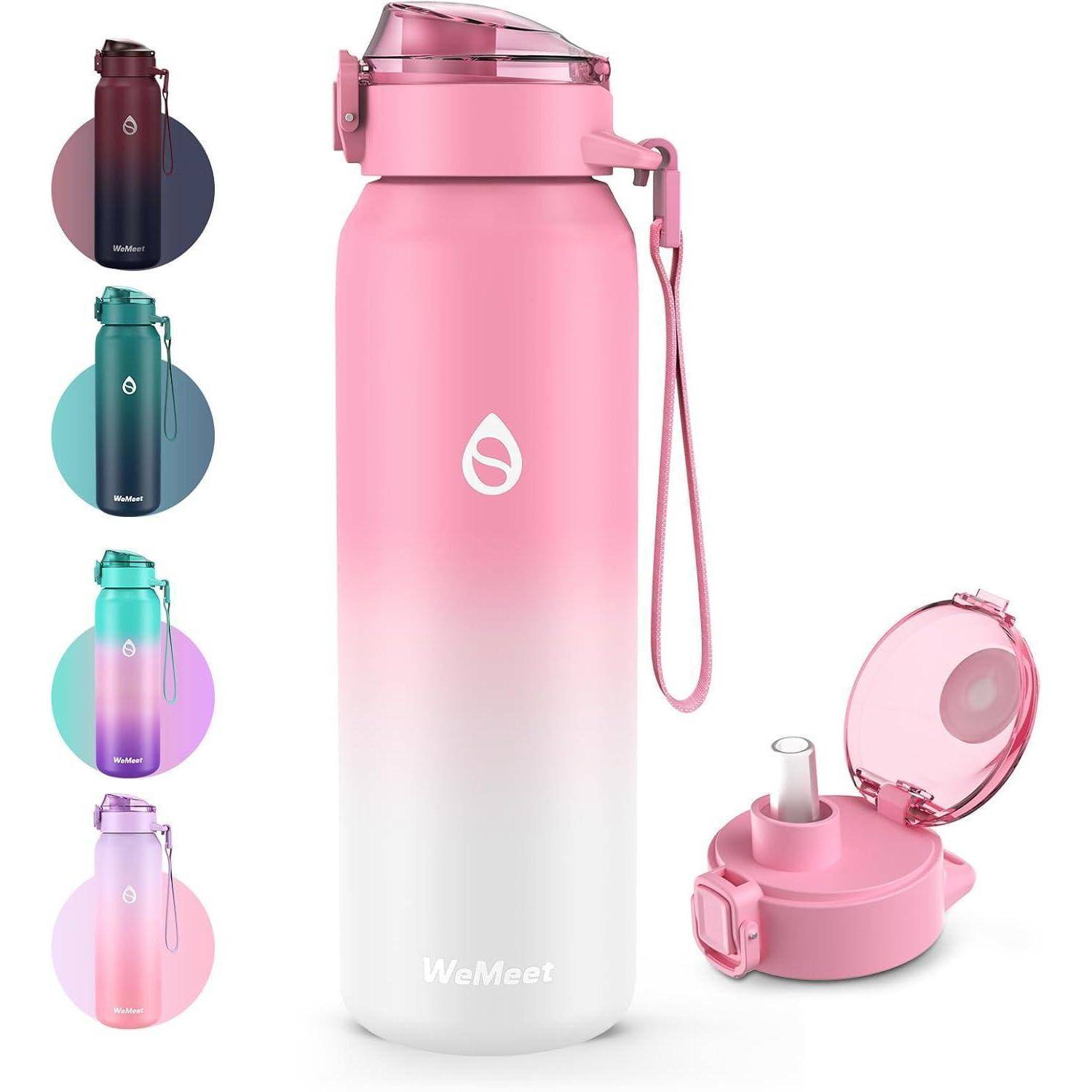 Eine pink-weiße Farbverlauf-Wasserflasche mit 'WeMeet' Logo, auslaufsicherem Klappdeckel und Griff. Auf der linken Seite sind fünf Farbvariationen dargestellt.