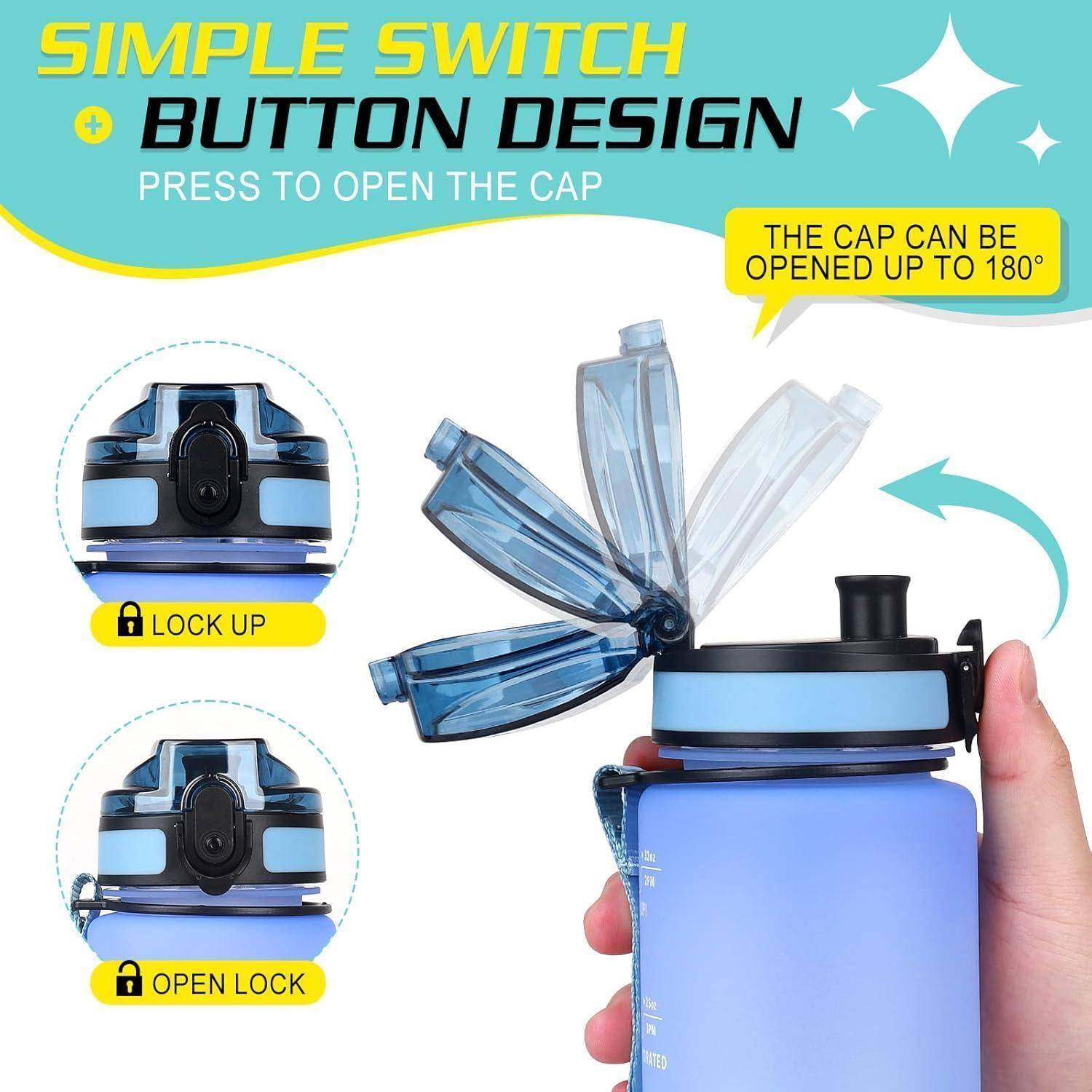 Einfaches Schalter-Knopf-Design-Flasche mit einem blauen Deckel, der sich bis zu 180 Grad öffnen lässt. Verschluss- und Öffnungsindikatoren werden angezeigt.