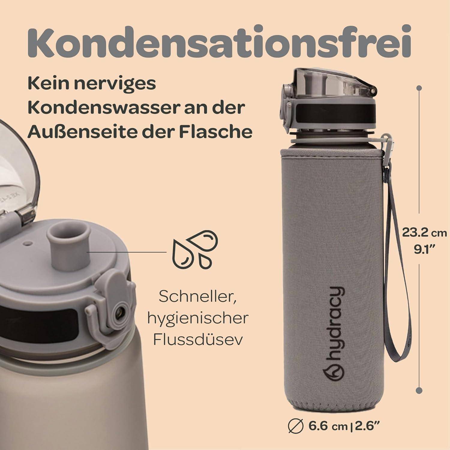 Wiederverwendbare Wasserflasche mit grauer Ummantelung, mit der Aufschrift 'hydracy', ausgestattet mit einem schnellen Auslauf und ohne Kondensation auf der Außenseite. 23,2 cm hoch.