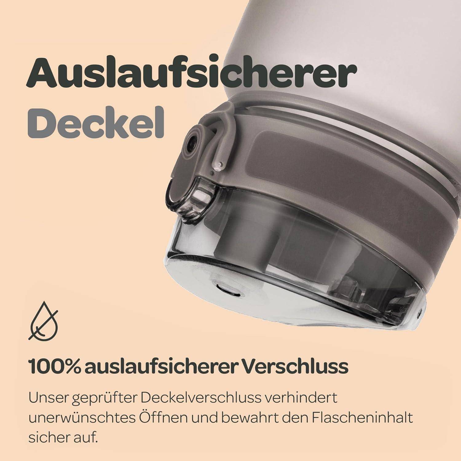 Ein Wasserflaschenverschluss wird gezeigt mit dem Text 'Auslaufsicherer Deckel', was ein auslaufsicheres Design andeutet. Darunter wird erwähnt, dass der getestete Verschluss unbeabsichtigtes Öffnen verhindert.