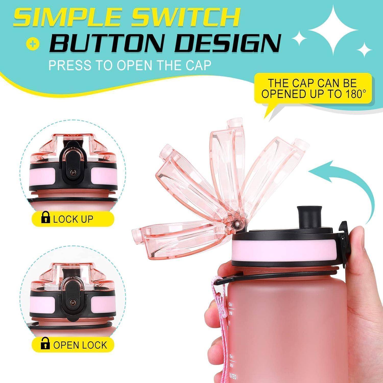 Eine hellrosa Flasche mit einem schwarzen Deckel, die einen einfachen Schalter zum leichten Öffnen des Deckels besitzt. Der Deckel kann bis zu 180 Grad gedreht werden.