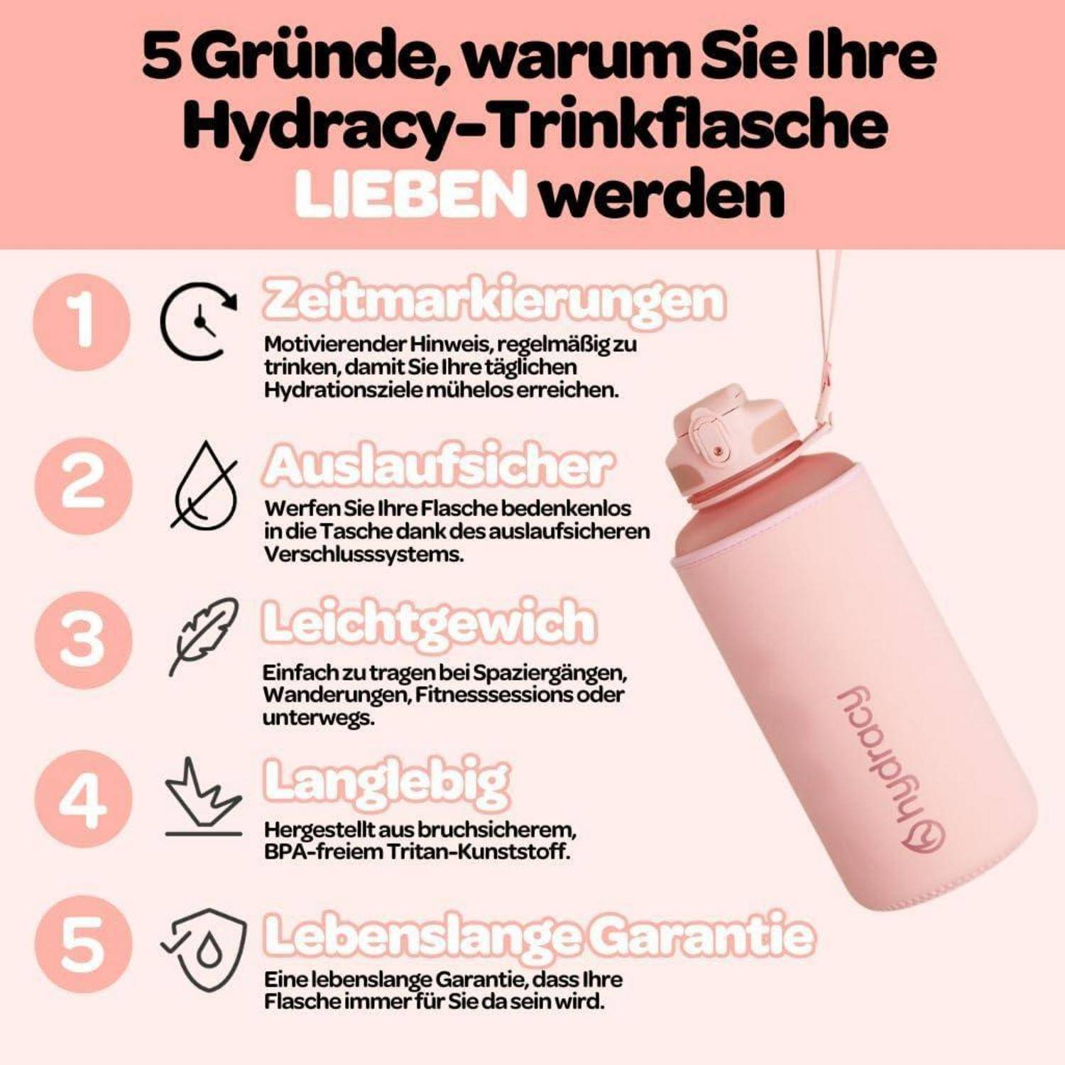 5 Gründe, warum Sie Ihre Hydracy-Trinkflasche LIEBEN werden' mit Icons: 1. Zeitmarkierungen, 2. Auslaufsicher, 3. Leichtgewicht, 4. Langlebig, 5. Lebenslange Garantie. Rosa Flasche abgebildet.