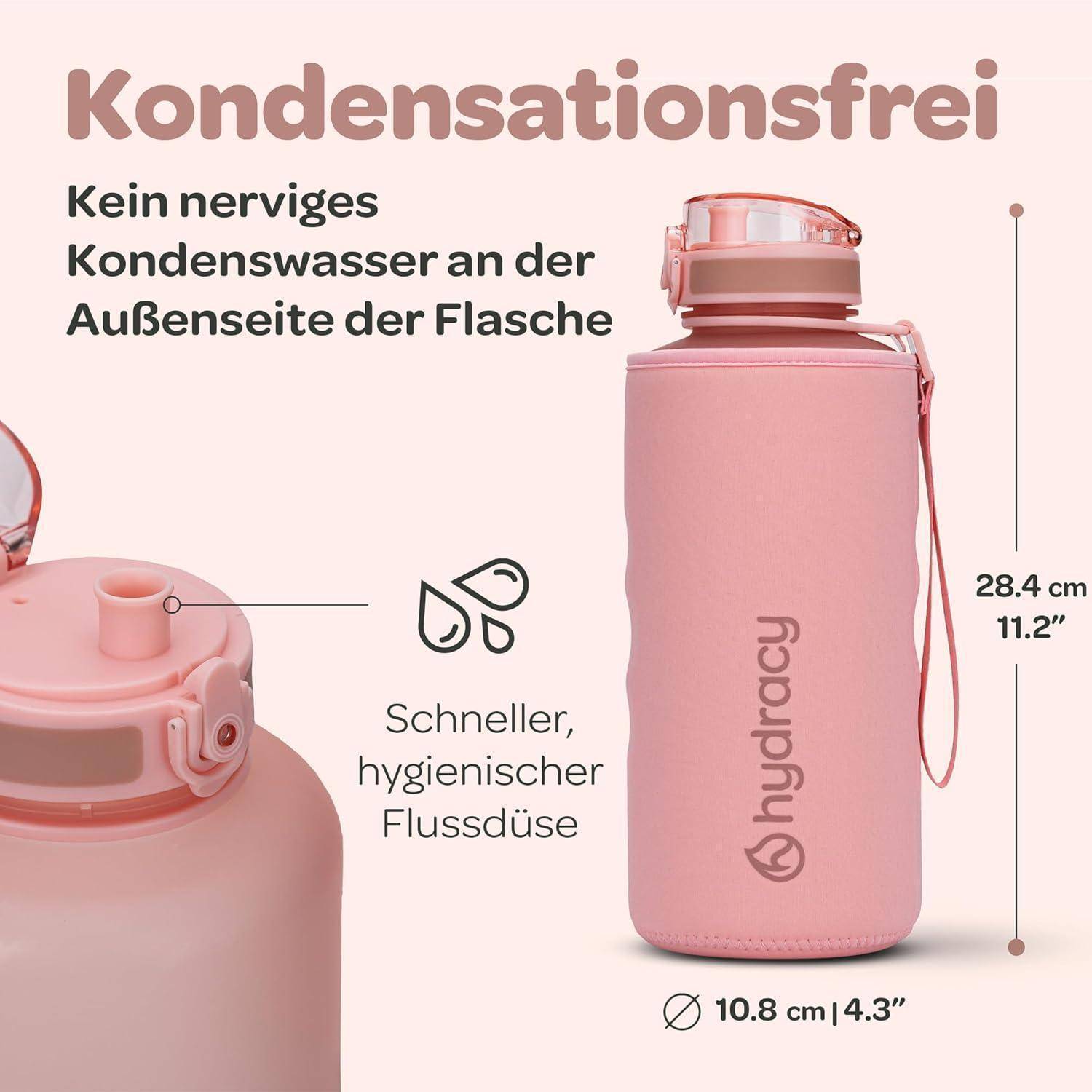 Eine pinke Flasche mit auslaufsicherer Konstruktion, mit den Maßen 11,2