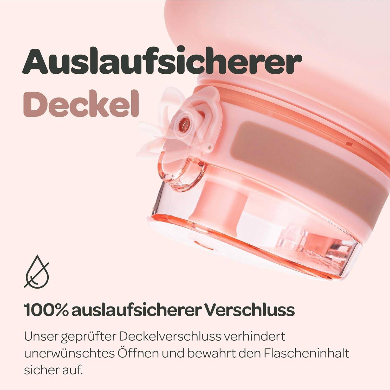 Eine Nahaufnahme einer Flasche mit einem sicheren, auslaufsicheren Verschluss. Der deutsche Text hebt es als geprüfte Lösung zur Verhinderung unbeabsichtigter Öffnungen hervor.