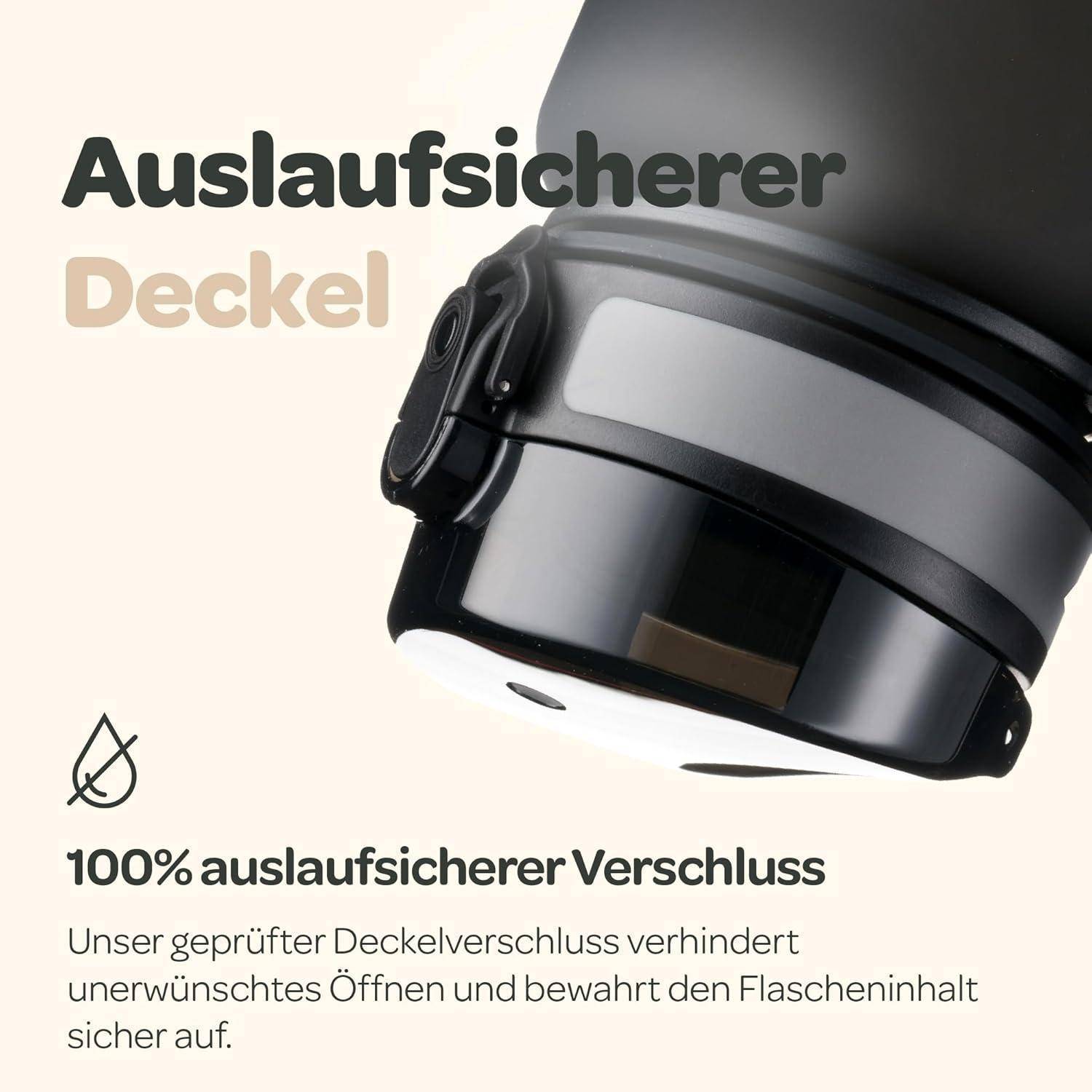 Eine Nahaufnahme eines schwarzen, auslaufsicheren Flaschenverschlusses mit dem deutschen Text 'Auslaufsicherer Deckel' und einem Tröpfchen-Symbol, das eine sichere Abdichtung anzeigt.