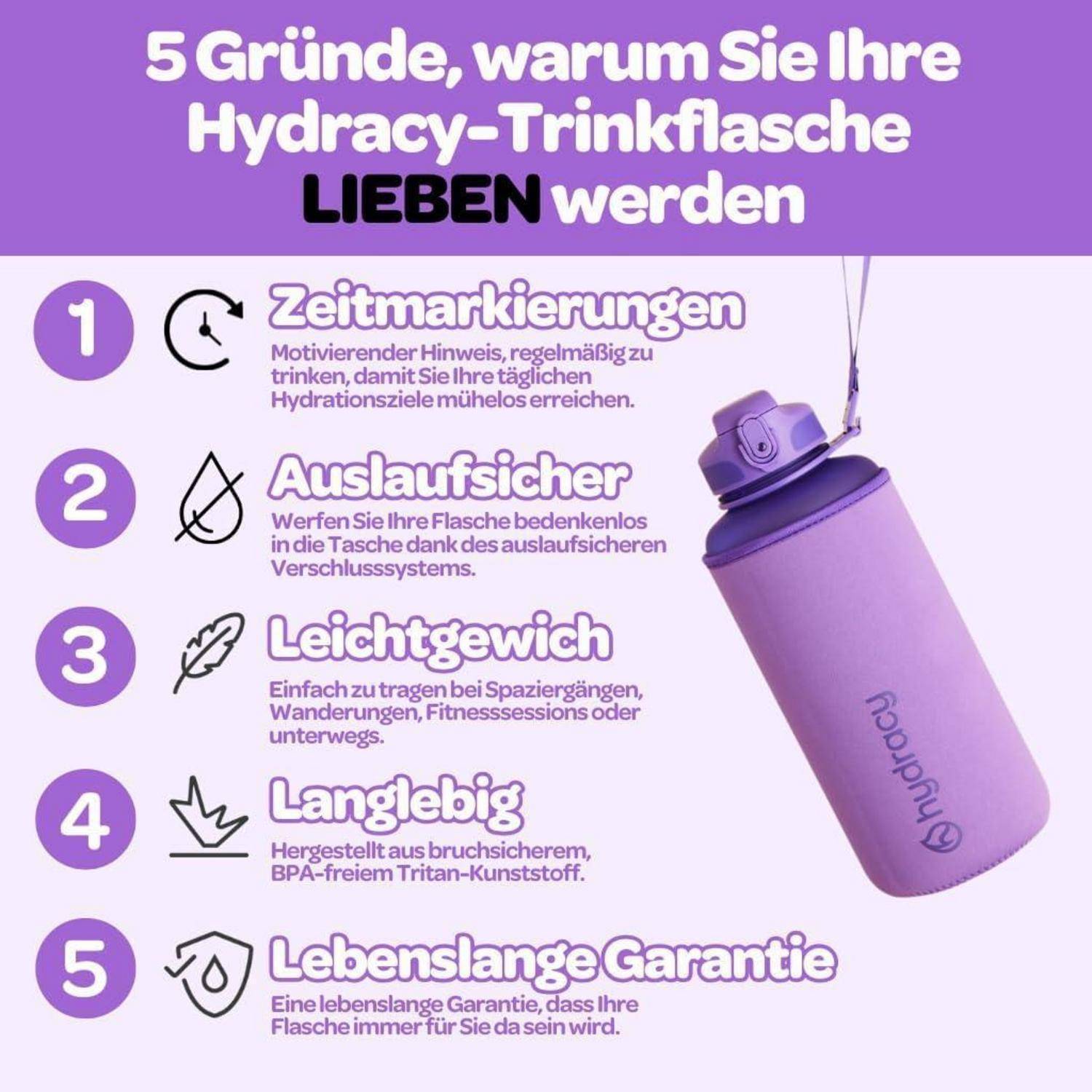 5 Gründe, warum Sie Ihre Hydracy-Trinkflasche LIEBEN werden': 1. Zeitmarkierungen, 2. Auslaufsicher, 3. Leichtgewicht, 4. Langlebig, 5. Lebenslange Garantie.