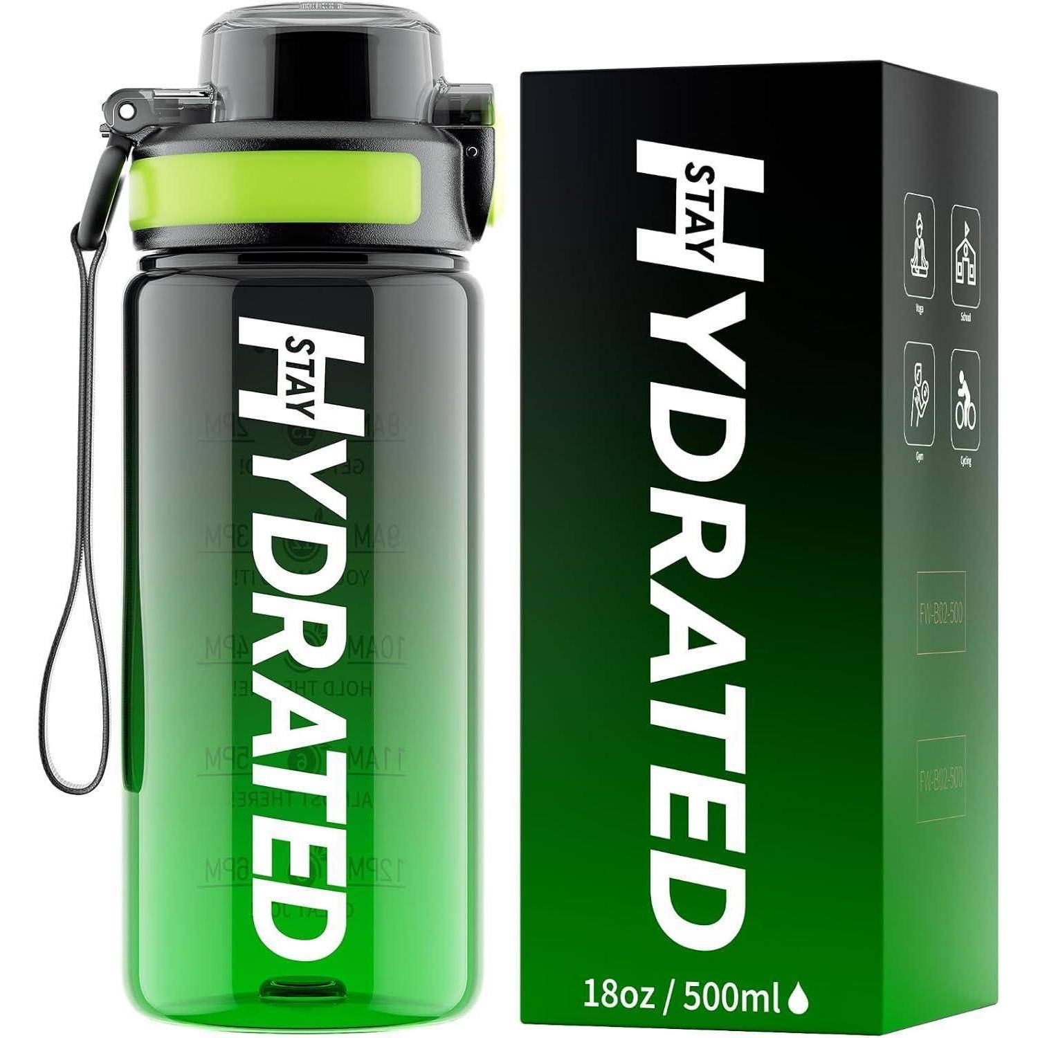 Grüne Wasserflasche mit der Aufschrift 