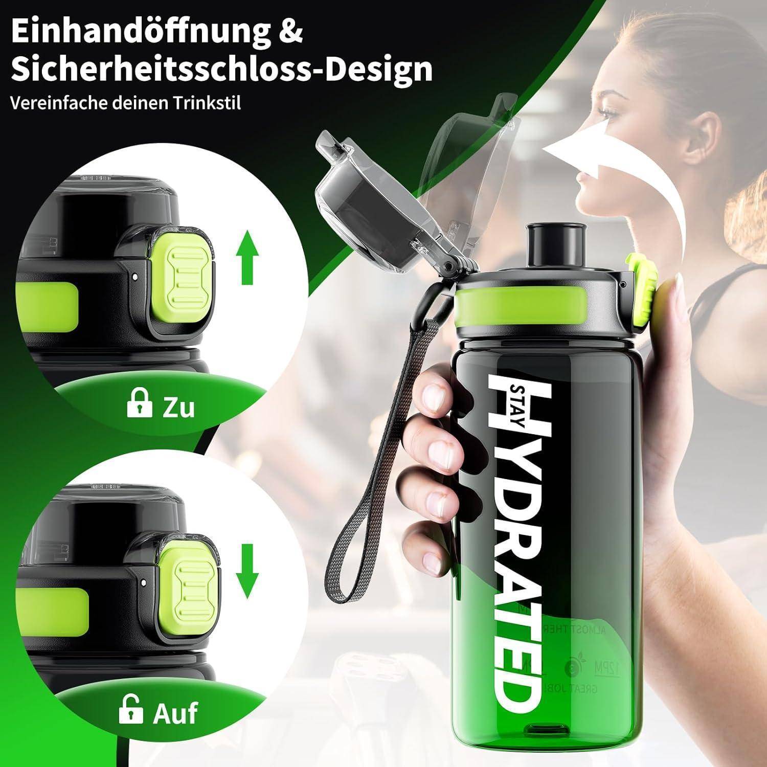 Eine Frau hält eine schwarz-grüne Wasserflasche mit dem Aufdruck 'STAY HYDRATED'. Sie verfügt über eine sichere Verriegelung und einen Einhand-Öffnungsmechanismus.