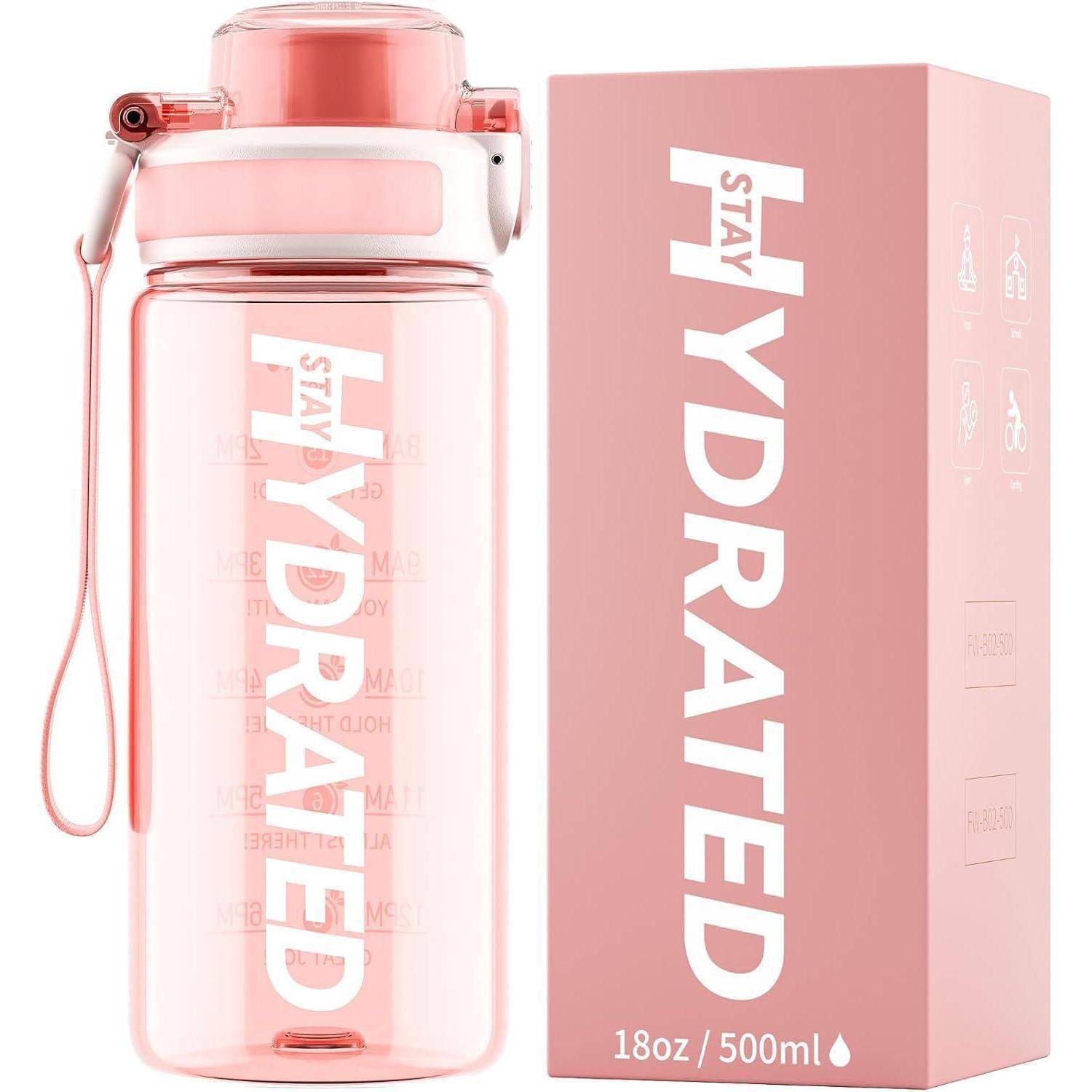 Rosa Wasserflasche mit Aufschrift 