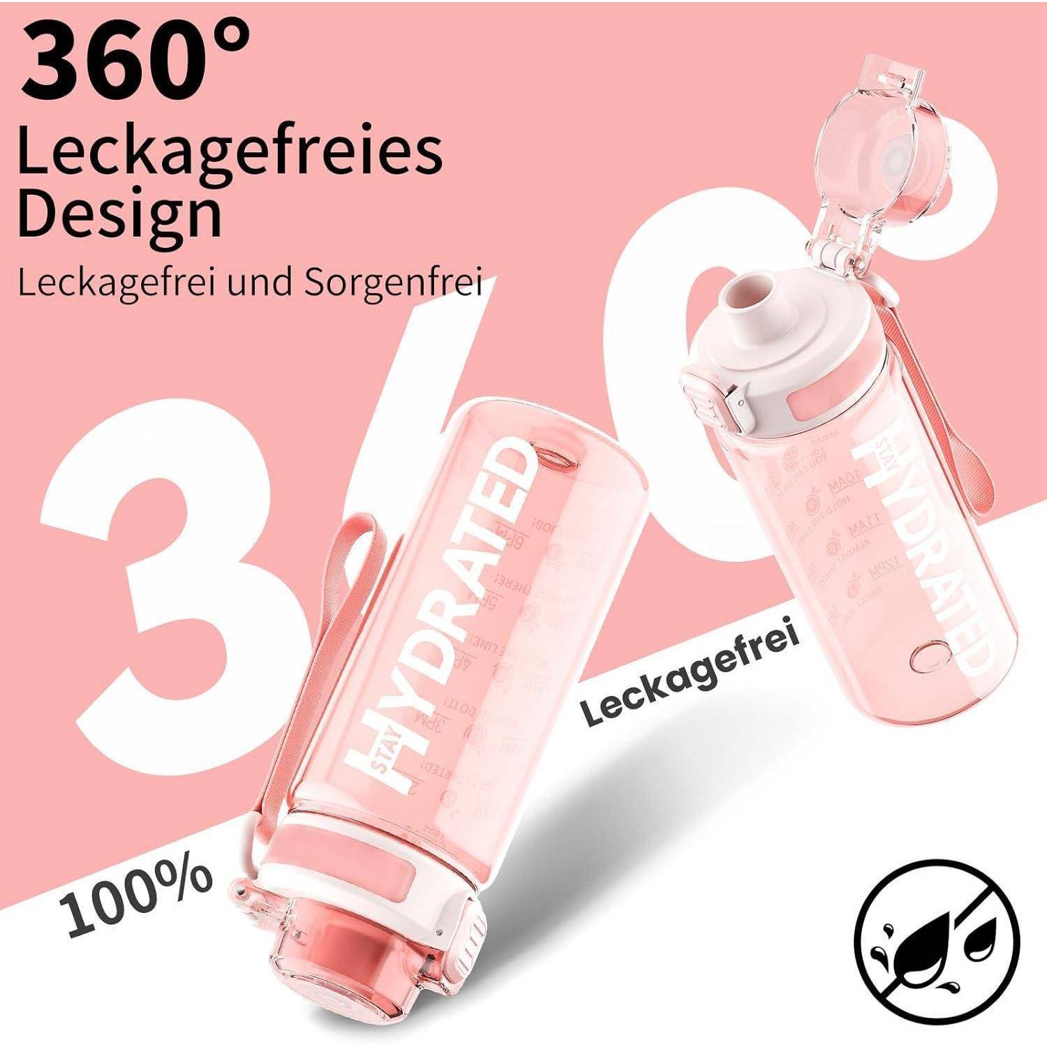 Bleib hydratisiert' rosa Flasche, gekennzeichnet als 360° leckagefreies Design. Text auf Deutsch: 'Leckagefreies Design – Leckagefrei und Sorgenfrei.
