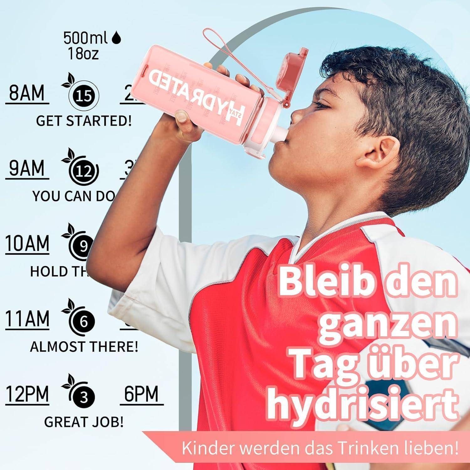 Ein kleines Kind trinkt aus einer Wasserflasche. Deutsche Anweisung ermutigt, sich den ganzen Tag über zu hydrieren, mit stündlichen Meilensteinen.