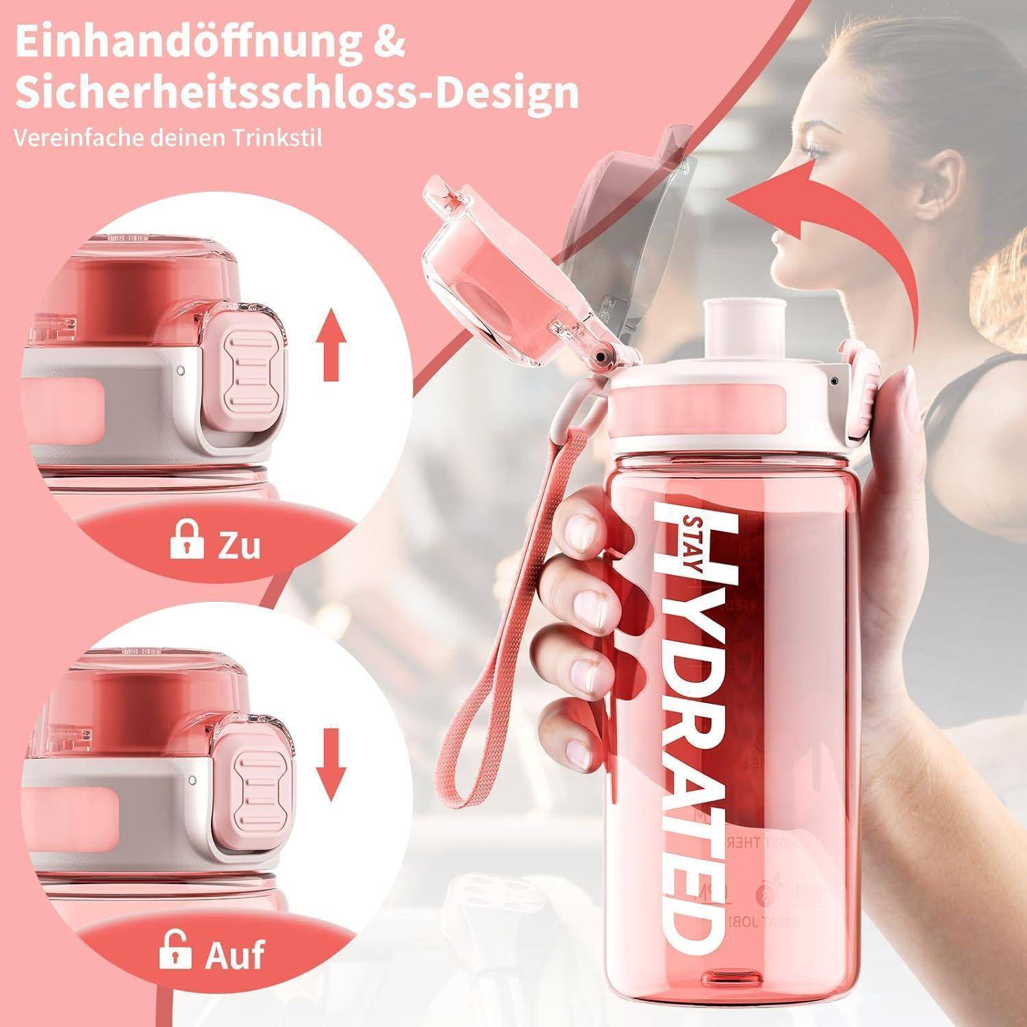 Eine Person, die eine rosa Wasserflasche hält, mit dem Text 