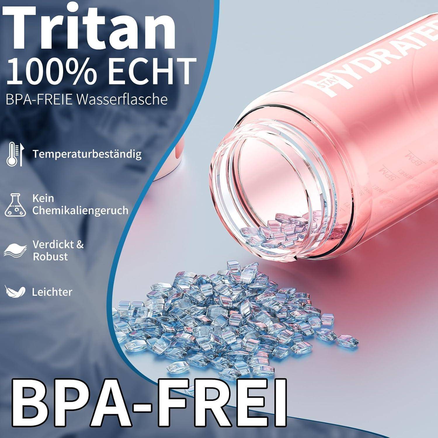 Eine Wasserflasche liegt offen, wobei Eis verschüttet wird, mit dem Text 'Tritan 100% BPA-frei' und Symbolen, die Temperaturbeständigkeit, keine chemischen Gerüche, Robustheit und Leichtigkeit kennzeichnen.