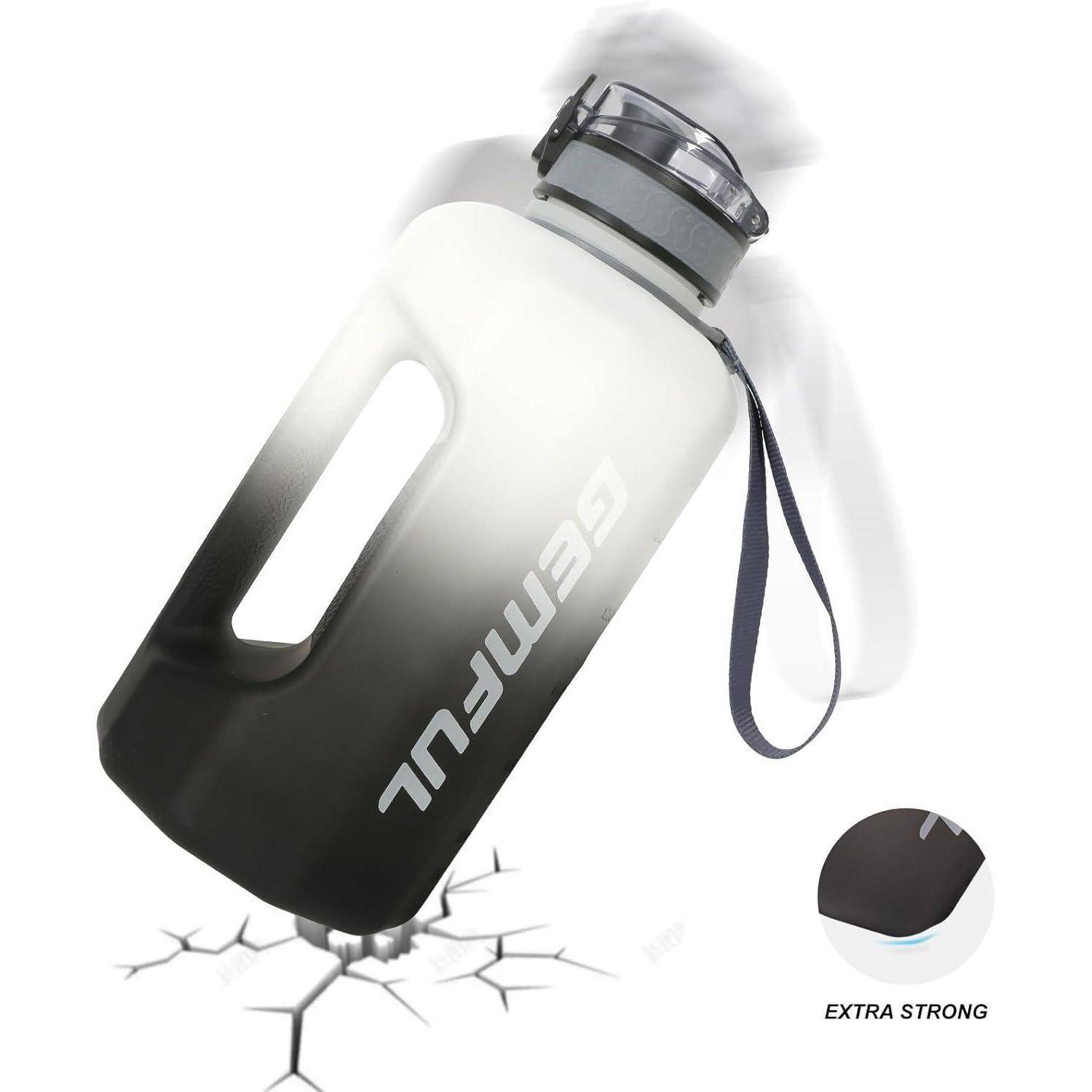 Eine große, langlebige Wasserflasche, die auf den Boden fällt und dabei einen Riss verursacht und so ihre besonders robuste Konstruktion unter Beweis stellt.