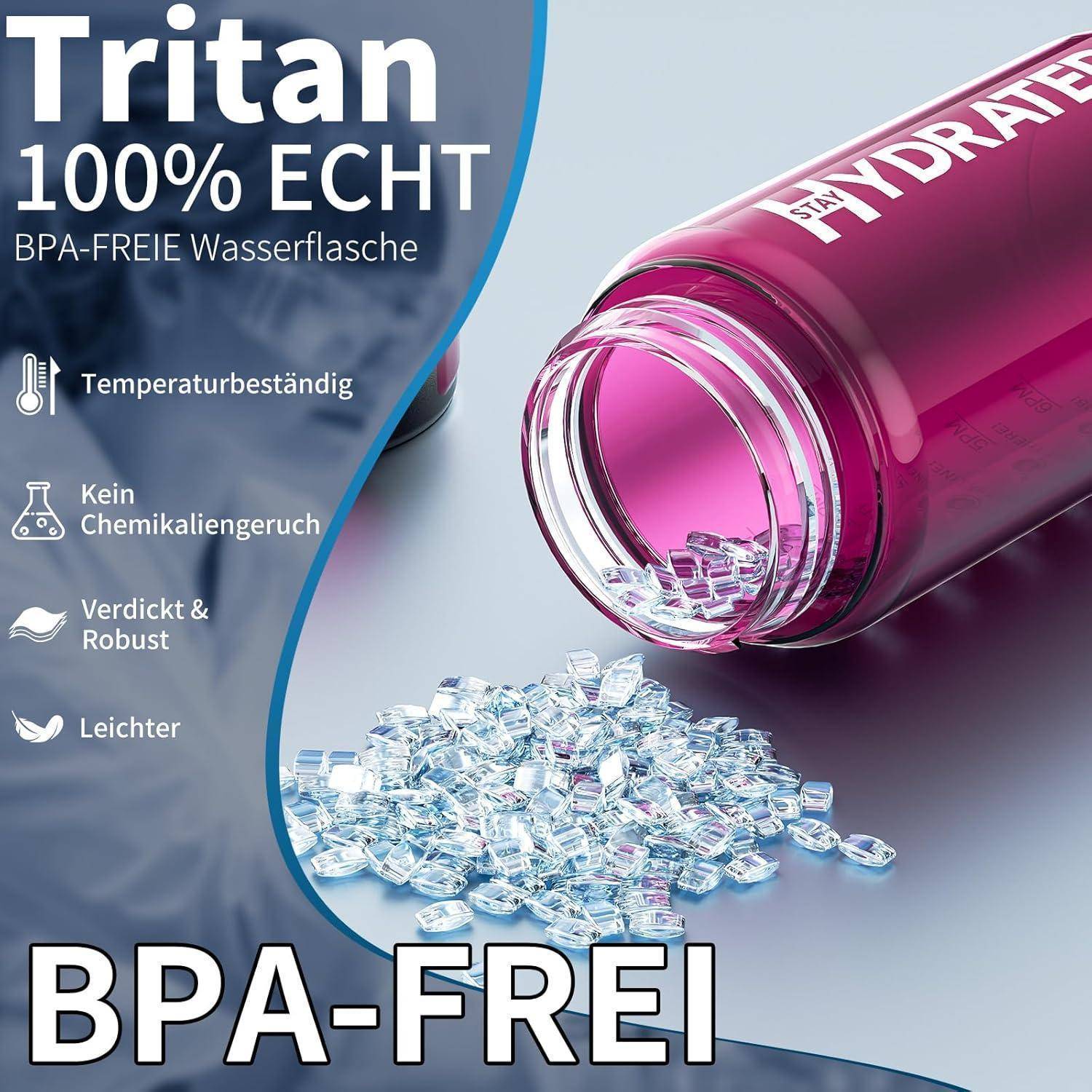 Plastiebehälter auf der Seite gekippt, mit herausfallenden transparenten, blauen Plastikstücken. Texthervorhebungen zeigen Eigenschaften: temperaturbeständig, kein chemischer Geruch, robust, leicht. Großer Text am unteren Rand: OHNE BPA